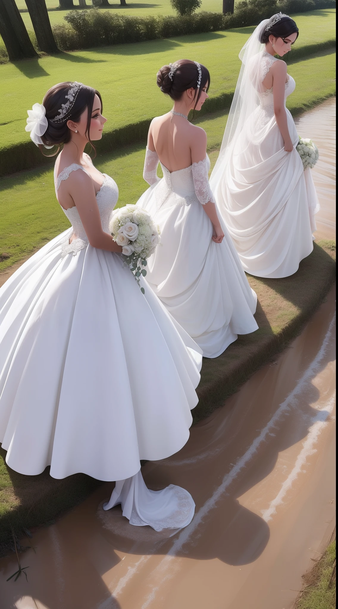 Three European brides,Wear a luxurious designer PUFY wedding dress , Their clothes were stained with mud  , Play in muddy puddles, They are covered in dirt in designer wedding dresses.