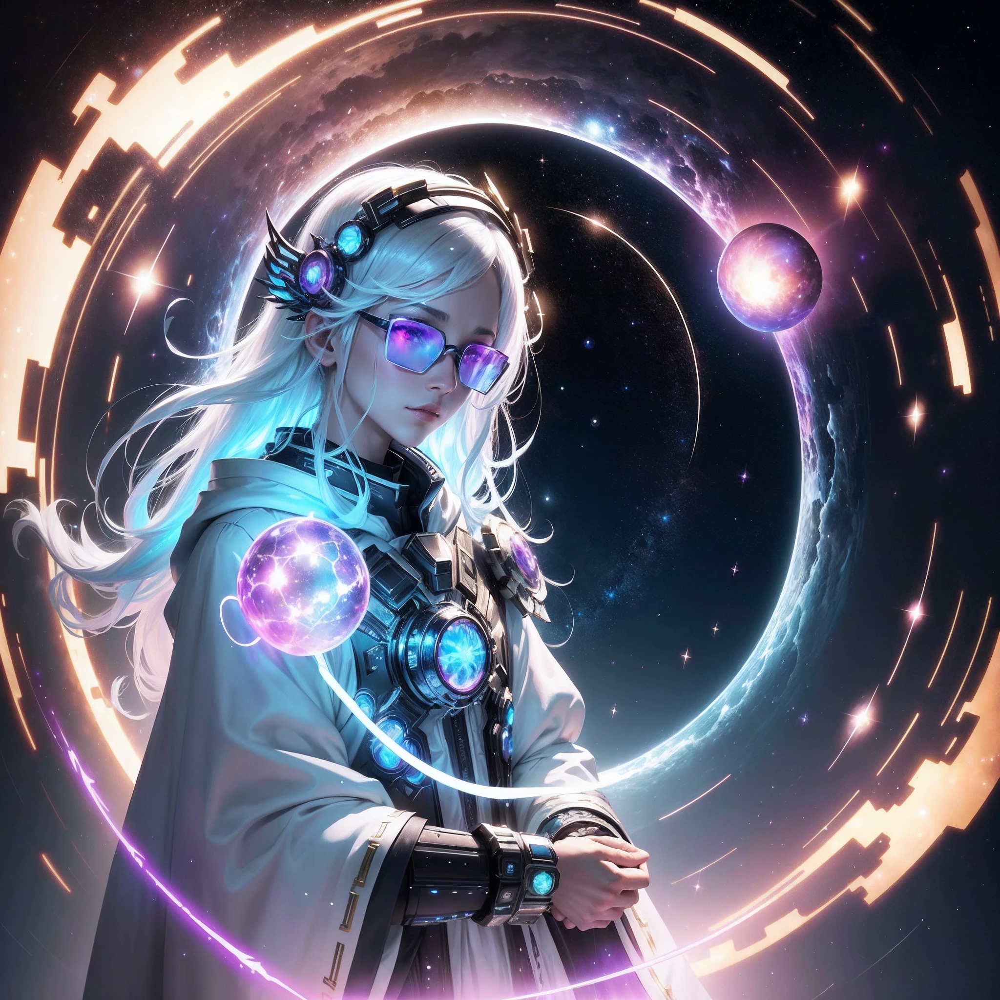 (8K), Super 8K resolution, Amazing illustration of splendid celestial objects, The galaxy is shattered, Ethereal heroes, Prince of Warriors, (Cyberpunk transparent mask: 1.3), Cosmic glasses (The time machine is in your hands: 1.7), A flowing glowing white robe , A celestial explorer who appears from a portal, (ultra-detailed masterpiece: 1.7) Cinematic lighting