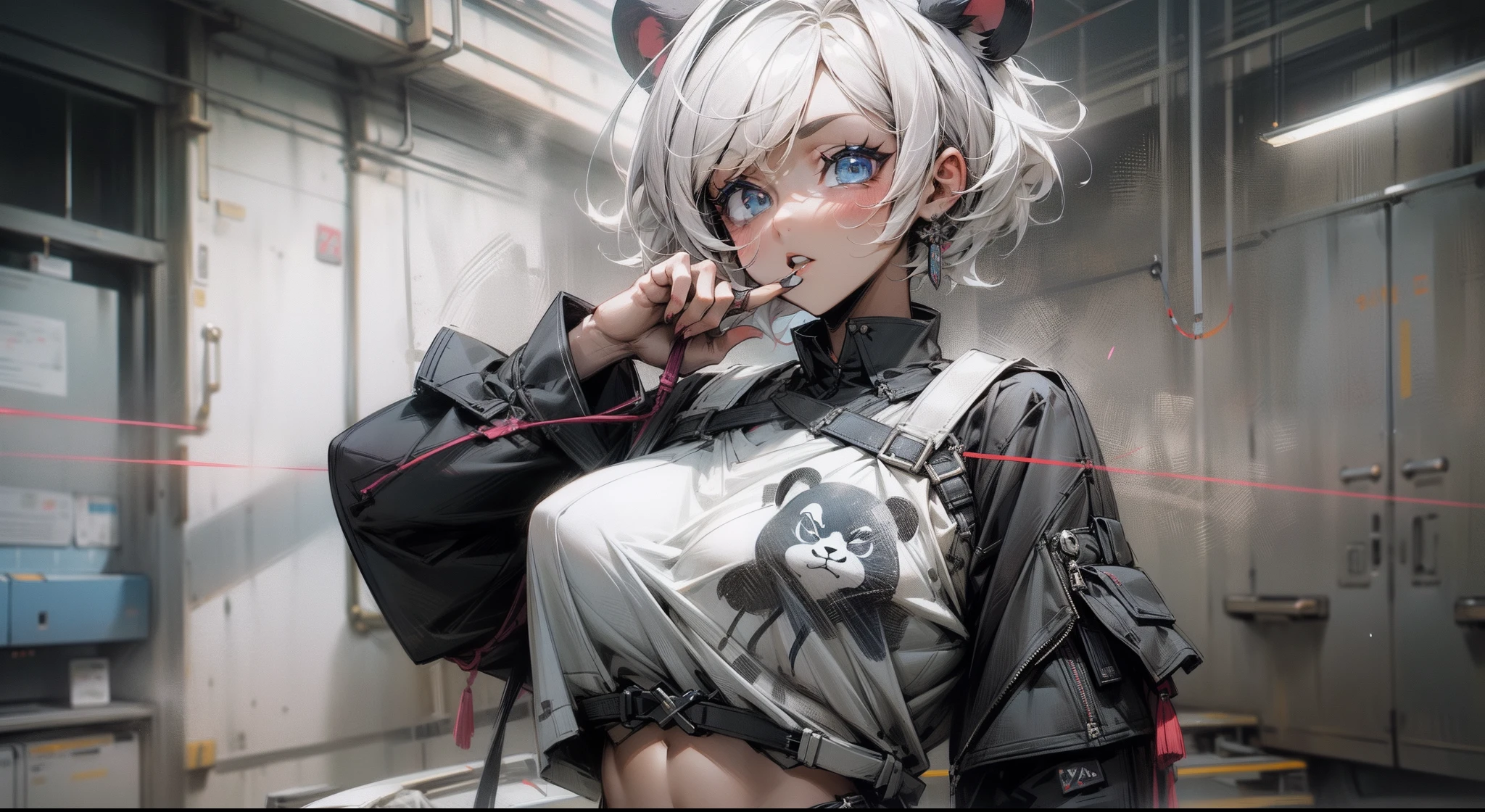 {{{{ masterpiece }}}},{{{{ 4K }}}},{{{{ badass anime 8 k }}}}, {{{{{{{{ short hair }}}}}}}}, {{{{{{{{ white hair }}}}}}}}, {{{{{{{{ big boobs }}}}}}}},black panda shirt oversize,