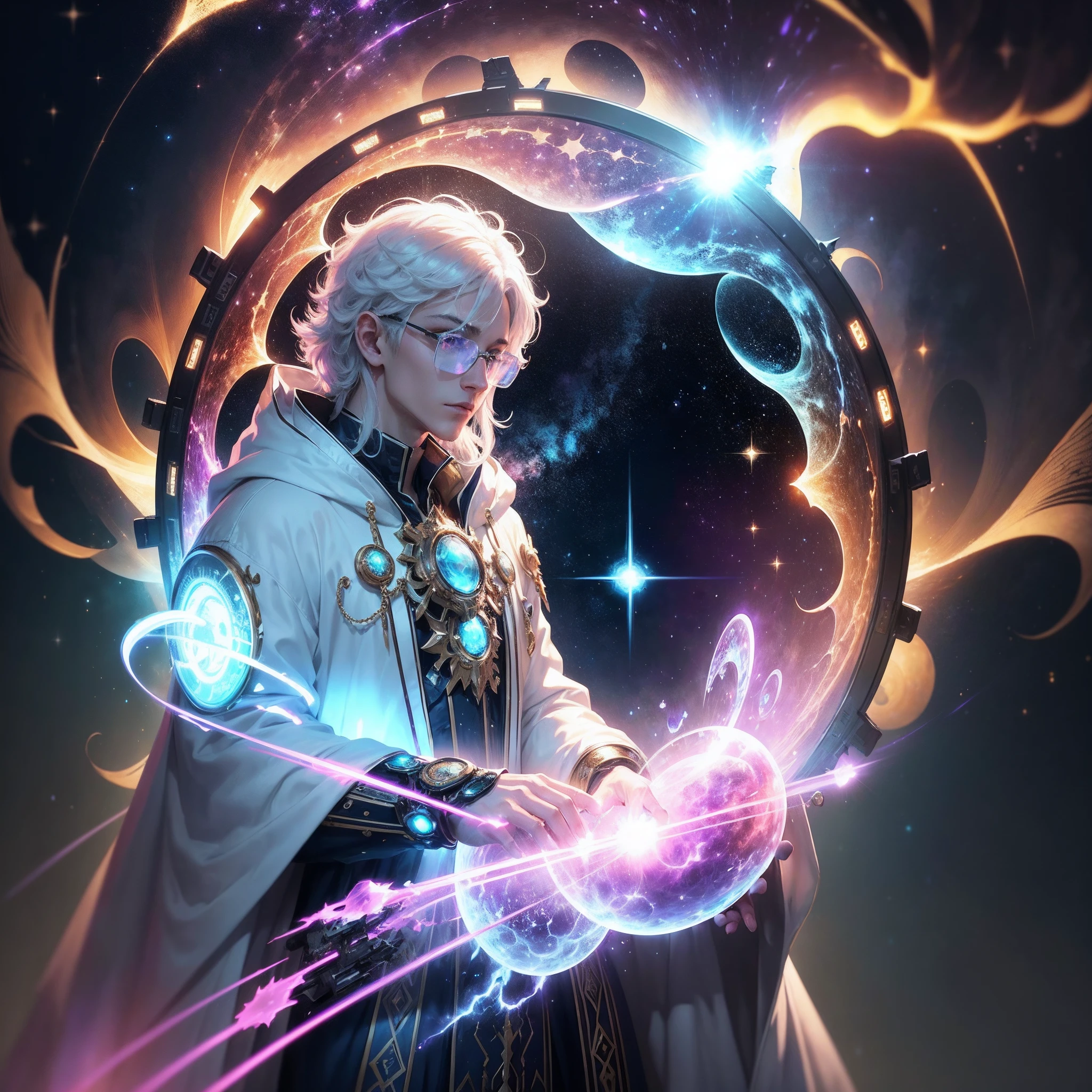 (8K), Super 8K resolution, Amazing illustration of splendid celestial objects, The galaxy is shattered, Ethereal heroes, Prince of Warriors, (Cyberpunk transparent mask: 1.3), Cosmic glasses (The time machine is in your hands: 1.7), A flowing glowing white robe , A celestial explorer who appears from a portal, (ultra-detailed masterpiece: 1.7) Cinematic lighting