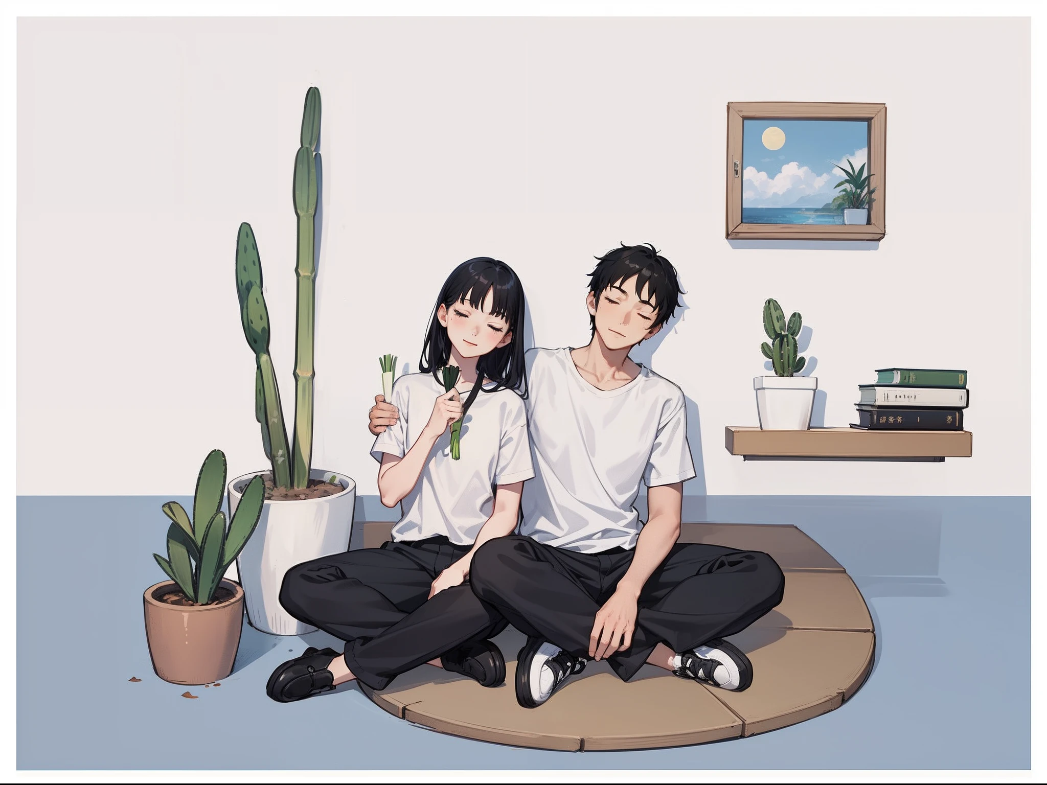 (bestquality), highlydetailed, ultra-detailed, 1boy, 1girl, bamboo, black footwear, black hair:1.3, black pants, book, border:white border:0.5, cactus, closed eyes, grey shirt, leaf, long hair, palm tree, pants, plant:potted plant, shirt:white shirt, shoes, short sleeves, sitting, smile, spring onion, tanabata, tanzaku, border:border, prompt:border, grey shirt, white shirt:0.5, shirt:short sleeves, pants:black pants, shoes:black footwear, hair:black hair:1.3, potted plant:plant, palm tree, bamboo, cactus, leaf, sitting:1boy, sitting:1girl, closed eyes, smile, book, tanabata, tanzaku