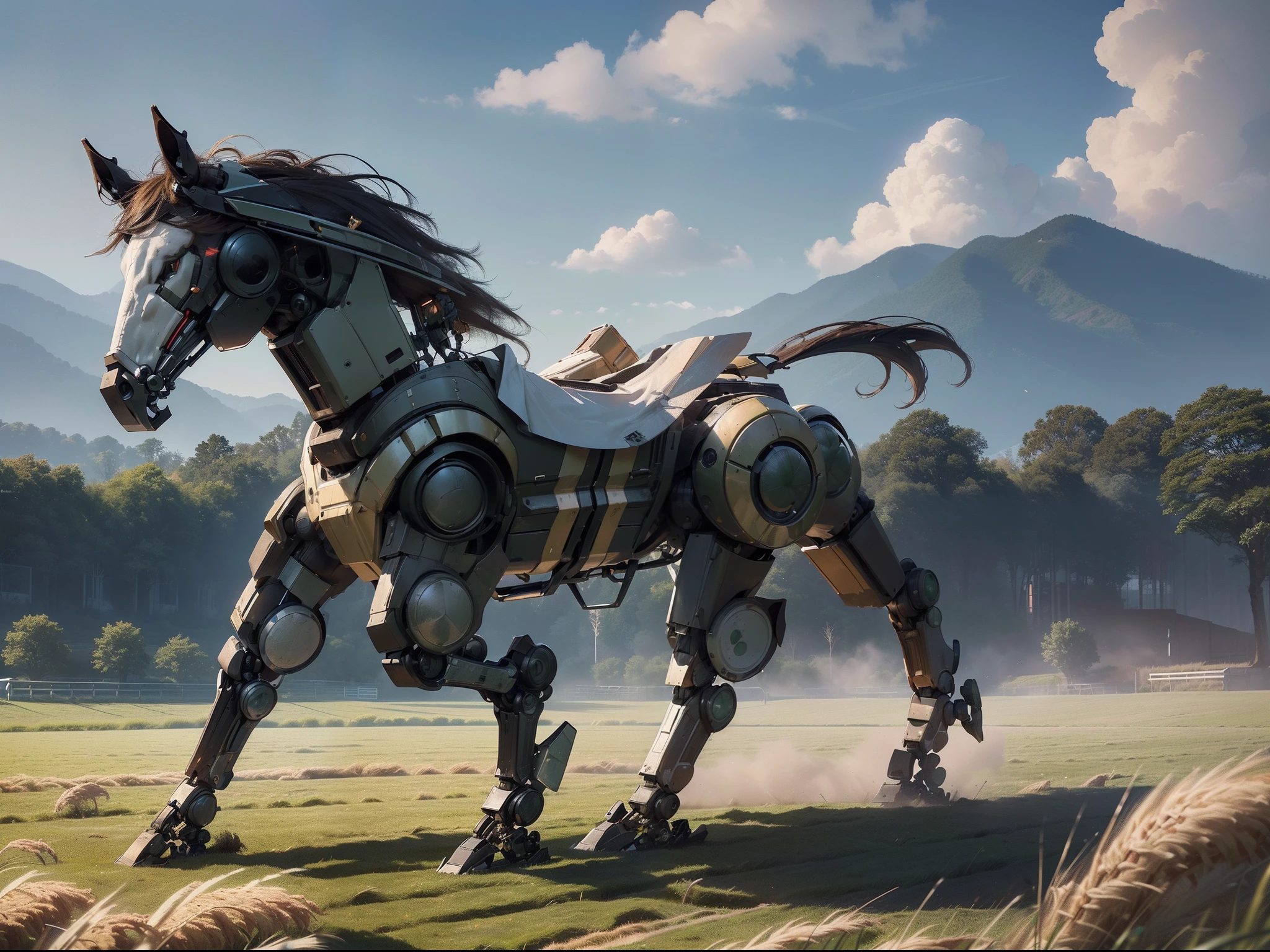 (masutepiece, 8K), (superfine illustration),(Best Quality, High quality:1.4), Perfect Anatomy, Hyper Detailed, ultra-detailliert,Hands in pockets,perfect design,(Only one horse, Full Body Robot Horse,grass field:1.5),