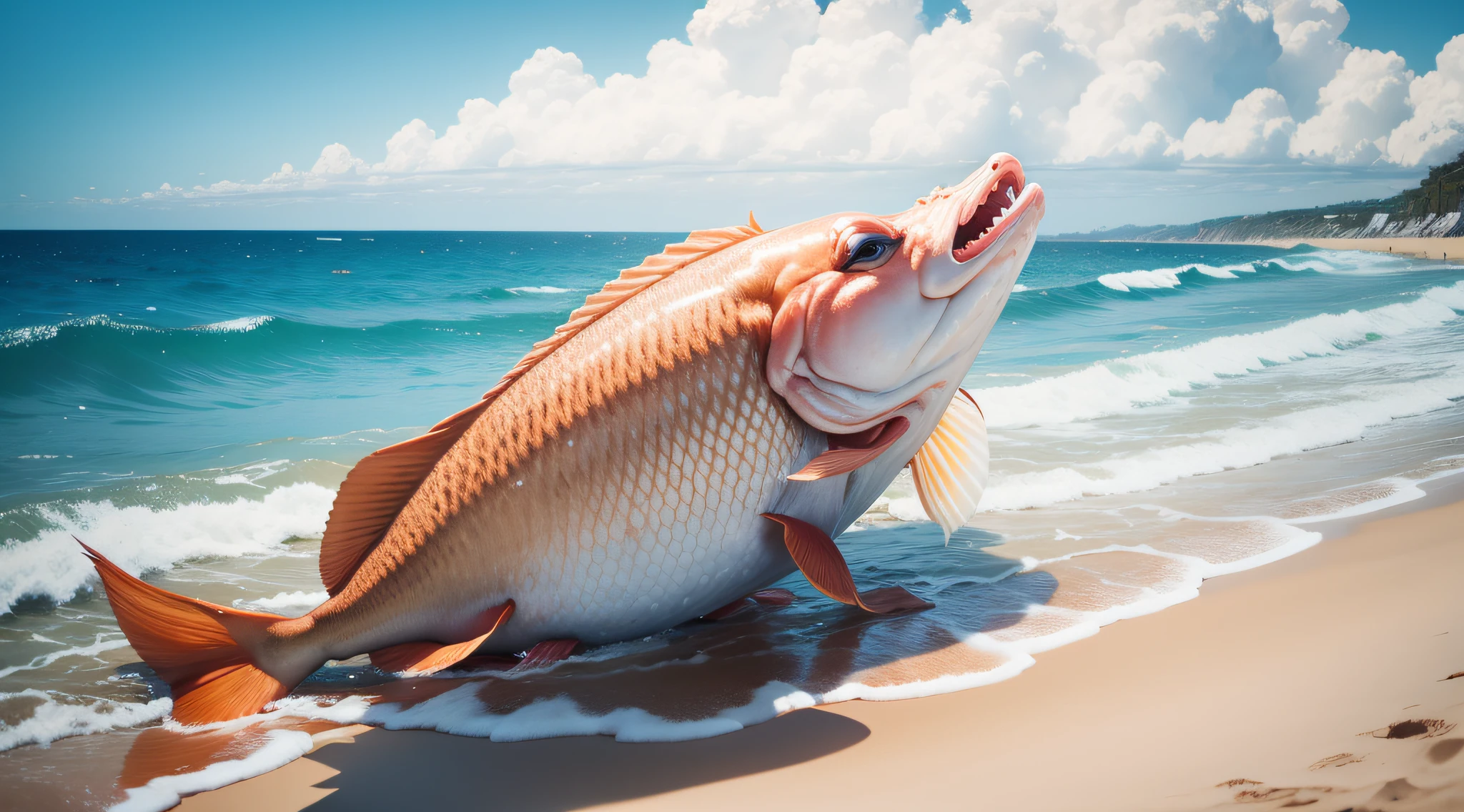 Peixe vomitando Jonas na praia.