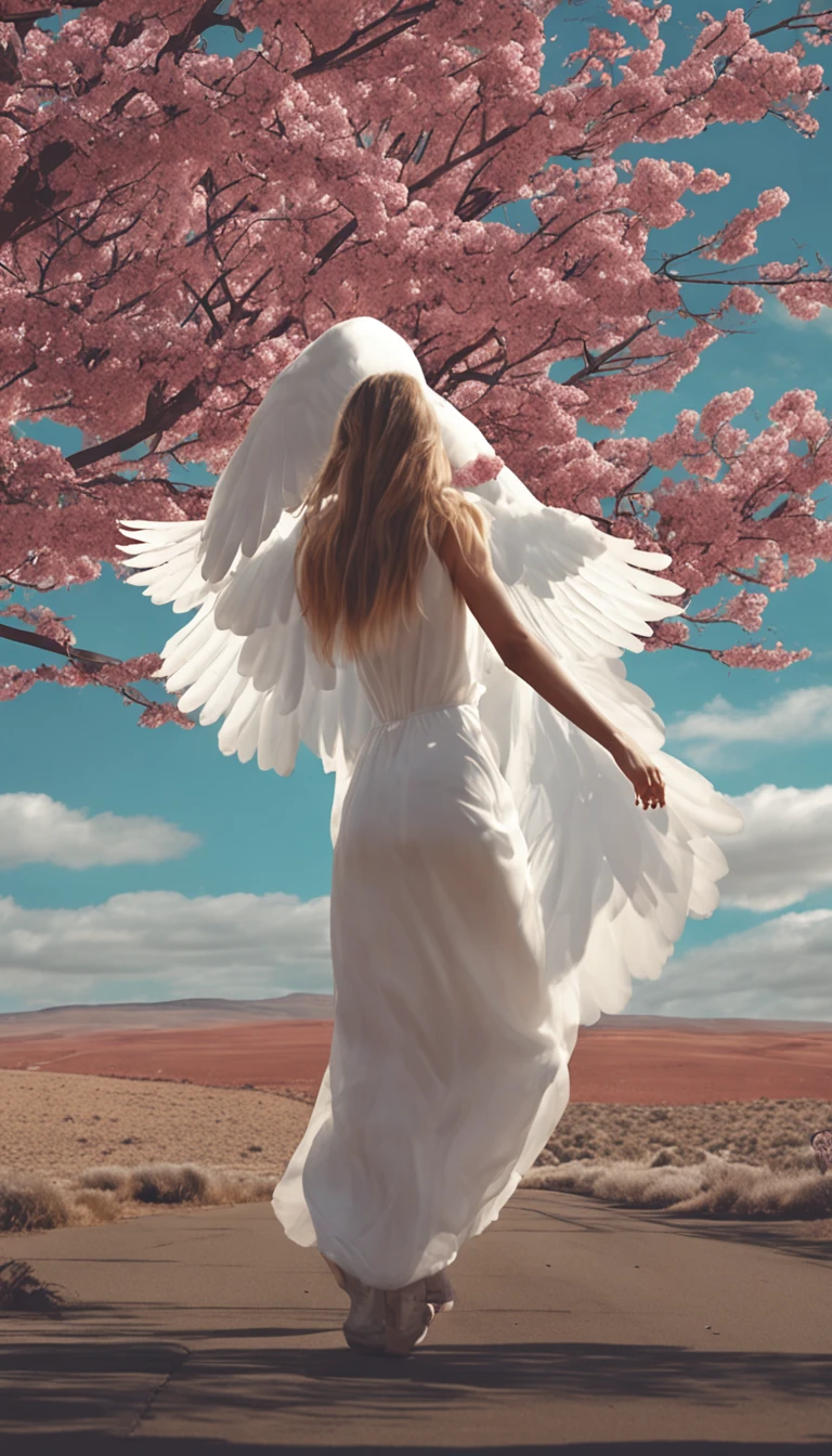 Draw a white dove flying high into the distance in the blue sky and a clothed woman, crying, looking at him.
