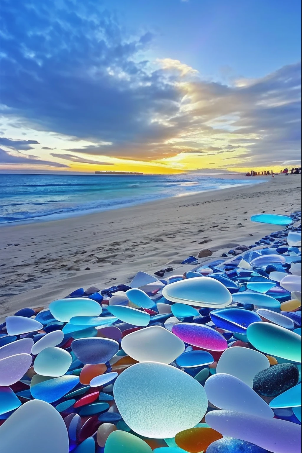 Alafid view of the beach，There are a lot of glass pebbles, breathtaking colors, serene colors, beautiful iphone wallpaper, Beautiful nature, colorful hd picure, startling colors, sunrise colors, Sea glass, Magical beach, incredible colors, beautiful sea landscapes, Stunning colors, Beautiful colors, beautiful digital art, stunning screensaver, beautiful image ever created, amazing wallpapers