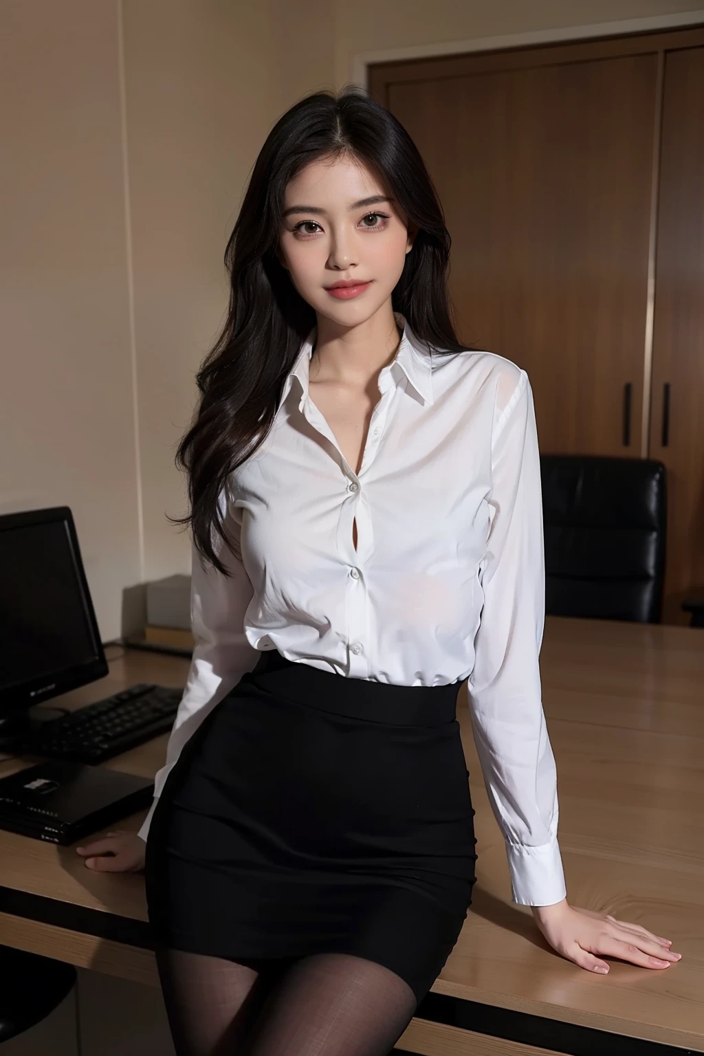 Best quality, Full body portrait, Delicate face, Pretty face, Slim figure, office lady uniform,office clothes, black pantyhoses, cabelos preto e longos,adolable,ssmile,Long legs,Lie on the table,(The skirt was lifted:1.1)