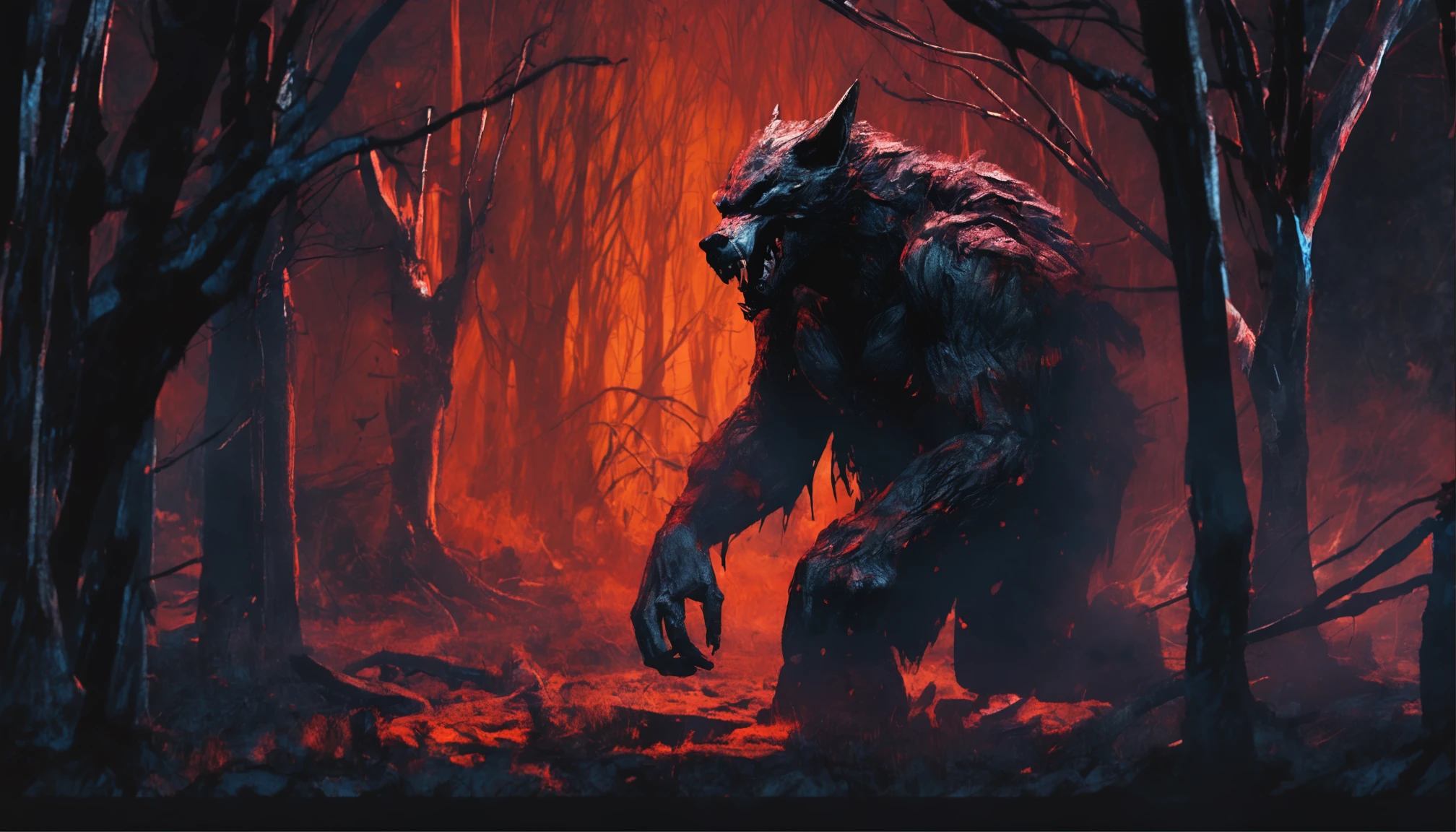 Visualize a scene in a dark medieval fantasy setting where a lycan werewolf with crimson eyes and an alien-like body is feasting in a dense bush. The bush is surrounded by bones scattered across the forest floor, remnants of previous meals.
The lycan werewolf's appearance is a blend of traditional werewolf features and alien characteristics: its fur is a mix of earthy tones and hints of otherworldly shimmer, its limbs elongated and sinewy like those of a predator from beyond the stars. Its eyes glow with an intense red hue, piercing through the shadows cast by ancient trees.
The forest itself is bathed in an eerie, moonlit glow, casting long, sinister shadows that dance around the creature as it devours its prey. The atmosphere is filled with a sense of primal savagery and ominous mystery, capturing the essence of a creature that exists at the intersection of medieval folklore and extraterrestrial menace.