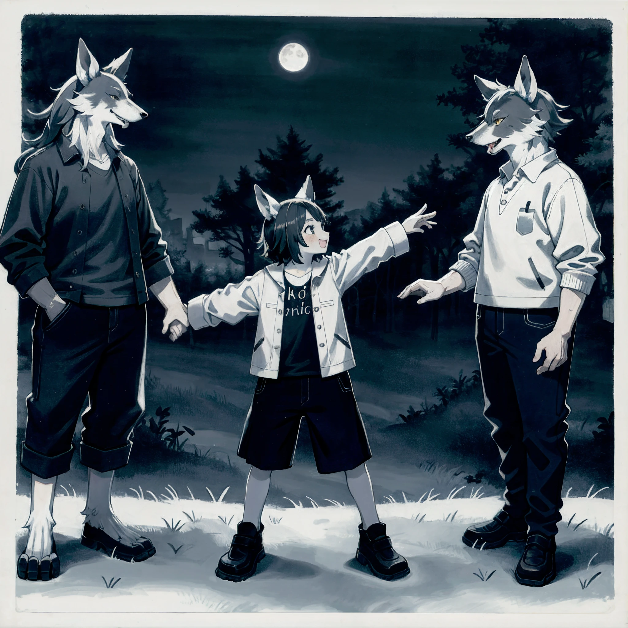highres, unparalleled masterpiece, absurdres, love story of human Child girl and giant Werewolf, pair, Height difference, Physical difference, perfect anatomy, smile, joyful, play with, smile, happy, facial expressions, full body,