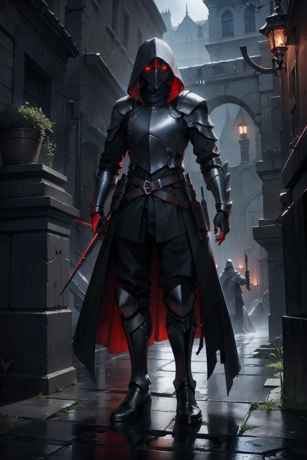 masterpiece, best quality, ultra high resolution, plague doctor inspired, futuristic body armour, full face helmet, red glowing eye, raining, black body armour, full body, darkness, standing