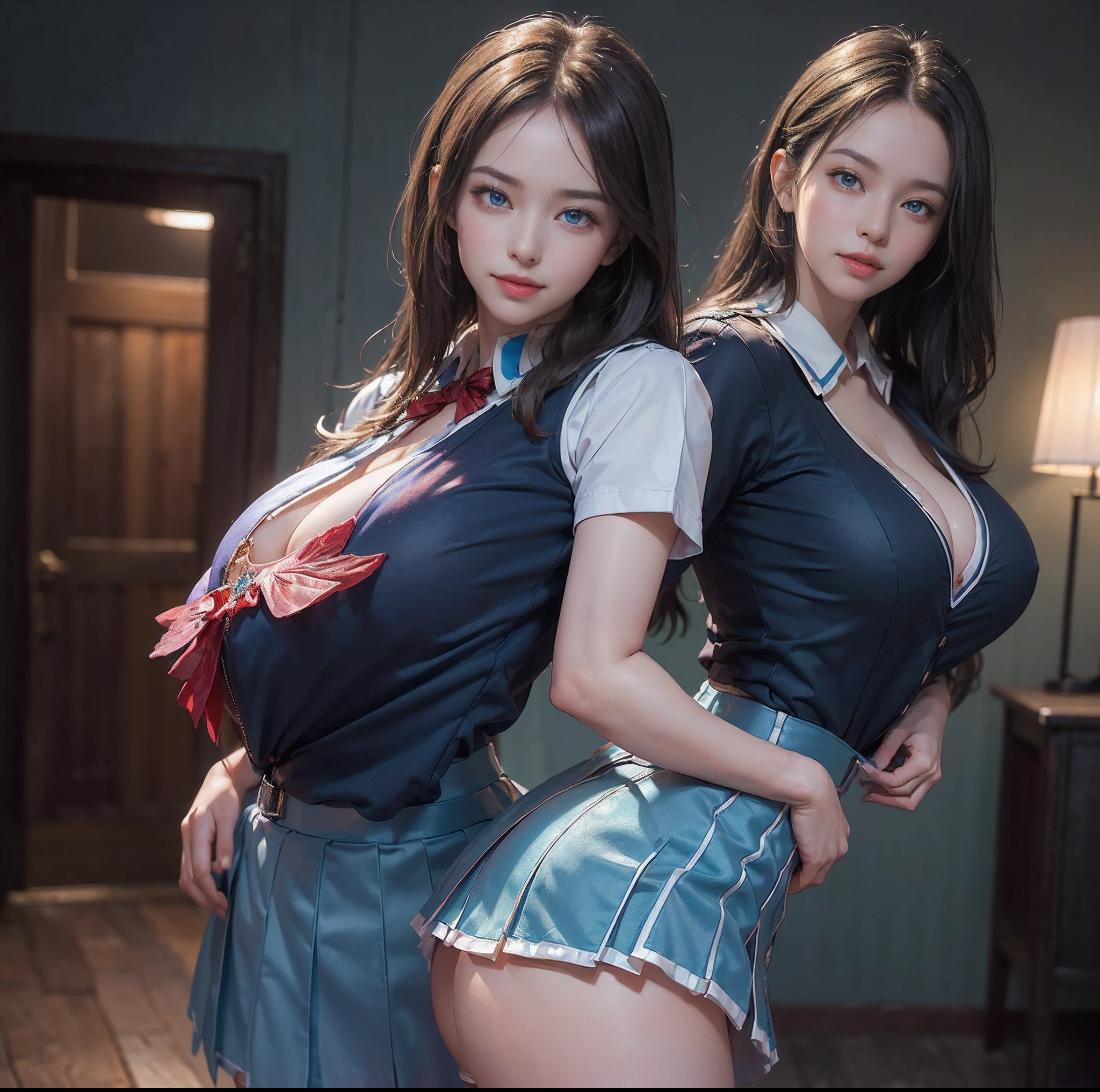 (top-quality)、 (masterpiece)、(profetional lighting)、 (Bewitching)、 (A hyper-realistic:2.0)、(Stylish), (intricate detailes)、 (Perfect anatomical depiction of the human body:1.2)、(Girl standing proudly in front of camera with chest turned、Another girl on the other side is pointing her ass at the camera:1.5), ( Huge breasts :1.7), (Bright whitening skin:1.5), (Beautiful bright blue eyes with dazzling squinting long eyelashes and red tear bags:1.5)、(shiny little lips:1.5)、 (Brunette's half-up hair shines in the backlight), (Wearing a girls' high school uniform with a micromini skirt length:1.5)、(The uniform is very cramped due to the huge chest、Eta、It is a design that beautifully complements the big buttocks.:1.8), (This is a photo taken with squinted eyes and a cute smile.:1.5), (Show off your proud uniform from the front.:2.1), (The other girl on the other side turned away、Showing off your proud super big ass from directly behind, Bend your hips to expose her ass:1.7), (the face is chubby:1.5), (A detailed face), (Perfect hands, Correct number of arms, Correct number of fingers, nice hand, Anatomically correct hand), irene1