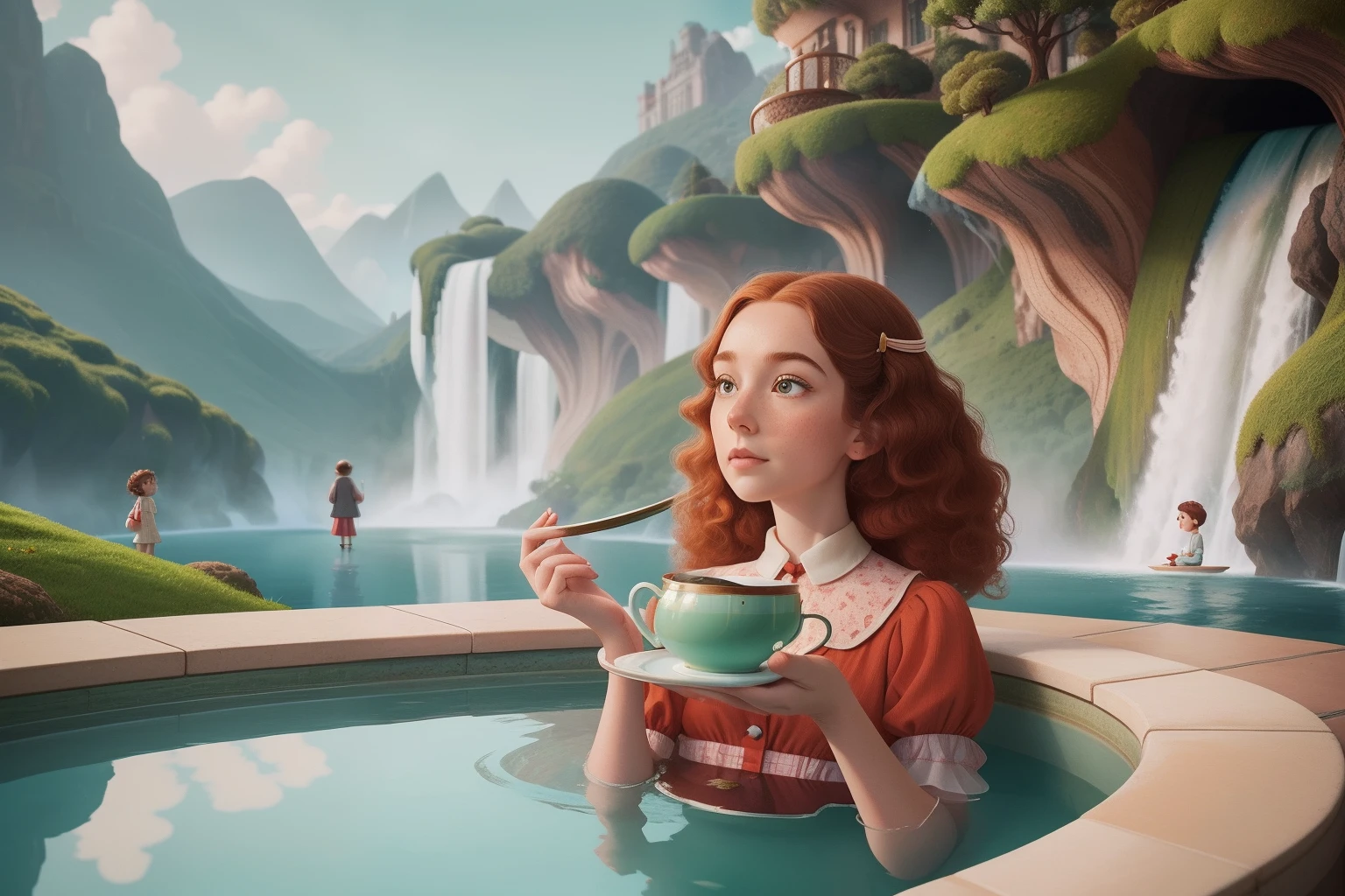 Amidst a whimsical Wes Anderson landscape, a woman with chestnut curls and emerald-green eyes gazes up at an oversized, levitating teacup that pours a cascading waterfall of Earl Grey tea into a porcelain pool, her astonishment mirrored by her freckled child who clutches her hand.