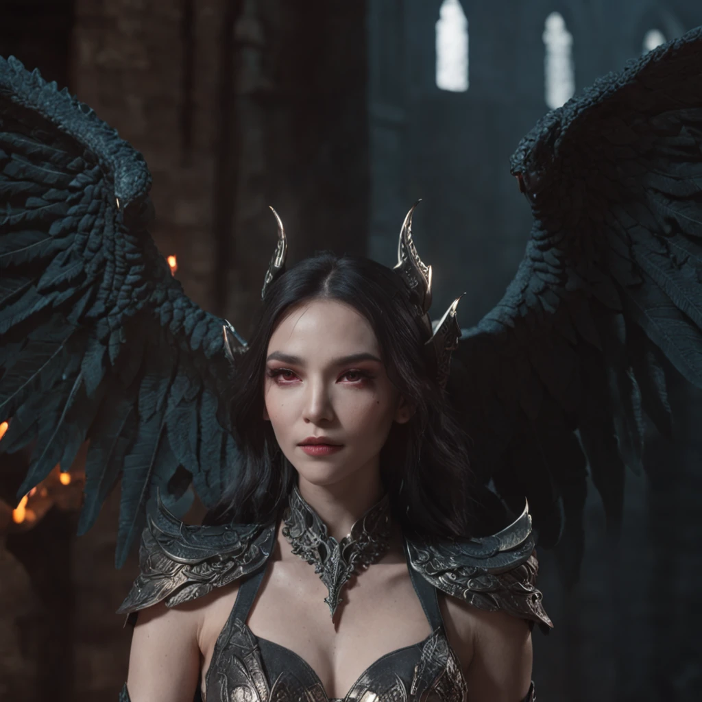 Close-up of a portrait of a woman，cyber punk perssonage，Wings of Magic，The devil incarnate，Dramatic lighting，((((Half-life image on the front)))),Red and blue lights，darkly，divino，perfect compositions，cinmatic lighting，Ultra-delicate skin，Magical world，in the dark castle，A combination of magic and alien technology，Wings，sportrait，whaite hair，Feathered wings，Magic and newcomers combined，Woman bust，mistic，Beutiful women，Dark environment，Divine light，cinematic compositions，perfect compositions，softlighting，Detail light，Playful smile,(Many award-winning masterpieces，The details are incredible, textures and maximum detail), (Hyper-realistic: 1.4), (Realistic: 1.3), ((((Front bust)))))（cyber punk perssonage），Wings，Castle building，Mechanical dare，A combination of futuristic technology and magic，(Highest quality authentic textured skin), Fantasy theme, Black clothes, Black cloak, Network elements, Red light, Blue light, finerly detailed face, ((medieval world)),A close-up of a woman，(Lord's Flame Demon)), (((Lord's Hellfire Demon))) (With a mischievous smile on his face), (Glowing eyes in the dark: 1.5), (A pair of black eyes，A strong red light is emitted from the inside) :1.5), (full-body standing image: 1.5), (Dramaticlight), Wings, (A majestic sight), (Her face is gentle and beautiful, but somehow terrifying), Ears Wear glass earrings, (Dramatic photo: 1.4), (Full body portrait: 1.5), ((dramatic pose)), (blond hairbl), (Silver hair), (Maroon hair), Short hair, ((Looking up)) , ((Look down)), (A simple necklace of exquisite workmanship hangs around the neck), (Bioluminescence that emits a bright glow: 1.3), (Use gorgeous fire magic: 1.2), (swirling fire), Devil's Cathedral, The Devil's Grand Shrine, great temple, great cathedral, Temple ruins, Freestanding temple, (Luminous magic circle), Ancient Castle Site, Shine majestic clouds and sky, Lightning, Epic reality, fading, art, (greg rutkovsky: 0.8), (Teal and orange: 0.4), (art stations: 1.5), Cinematic, ((com cores neutr