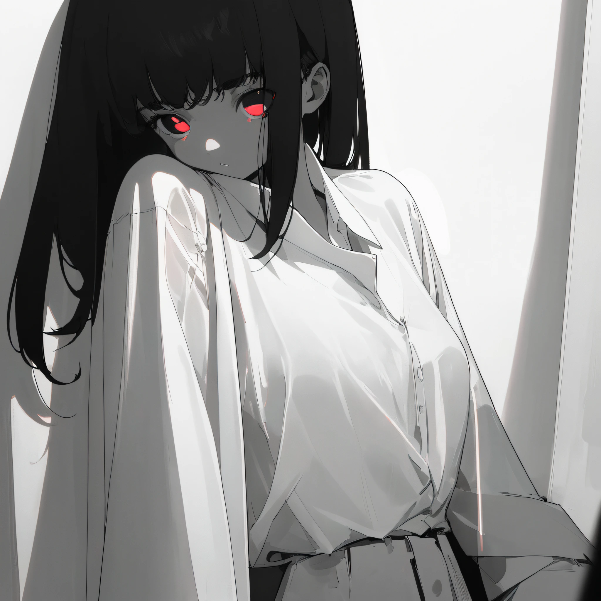 masterpiece, top quality, highest resolution, 1girl in 8ars old, close up, (white oversized shirt:1.3), (pale black hair with a lot of fluorescent colors), (delicate fluorescent black eyes:1.4), (a corner of a dark room), (fullnude:1.0), (highcontrast:1.1), best light and shadow,