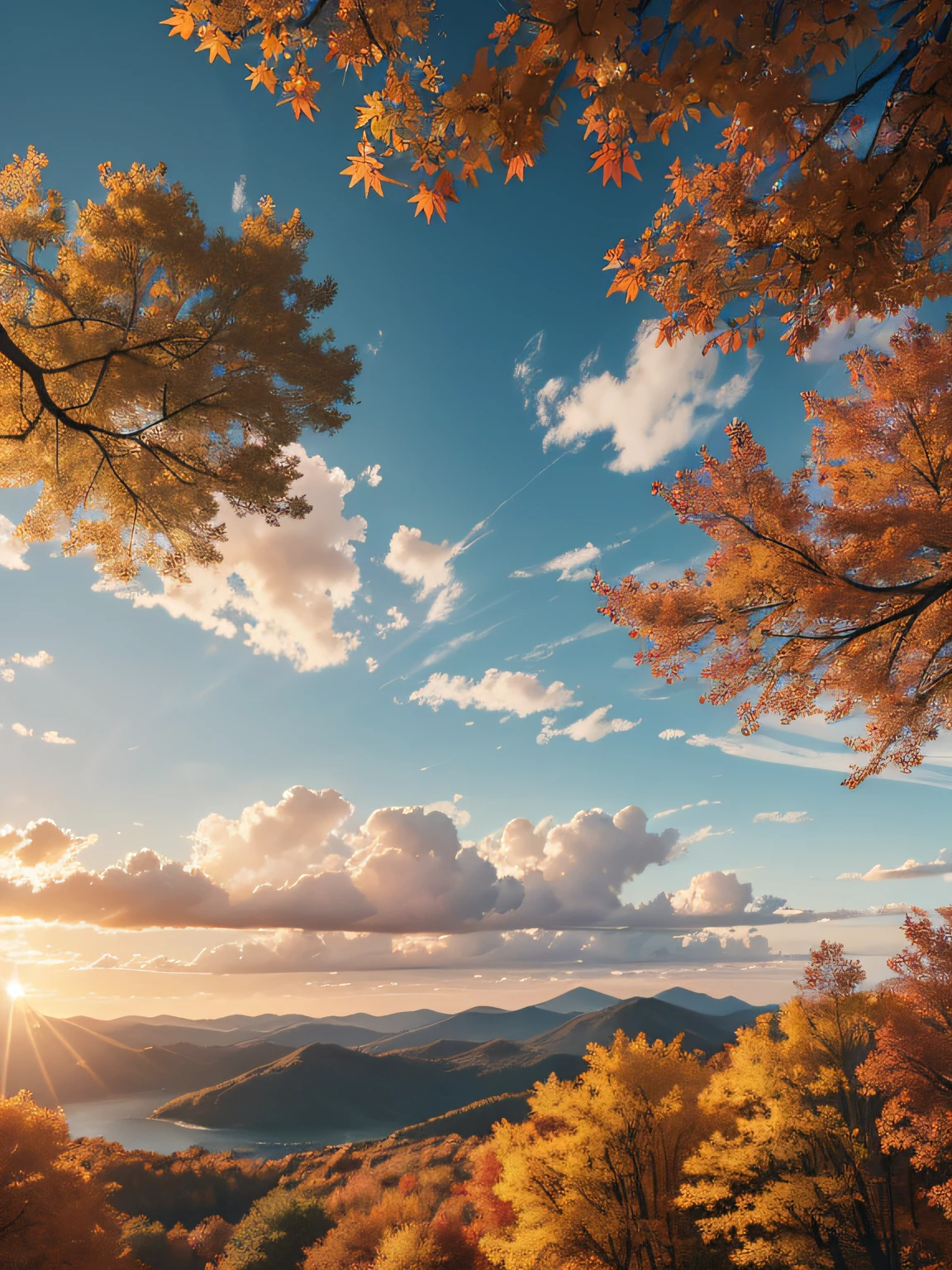 autumnal,Branches in the sun,Hang sunlight on the leaves,Photorealsitic,natural soft light,Hyper-detailing,4K、masterpiece、ultimate quallity、CG Unity 8k wallpapers、Super delicate and beautiful sky and clouds、
