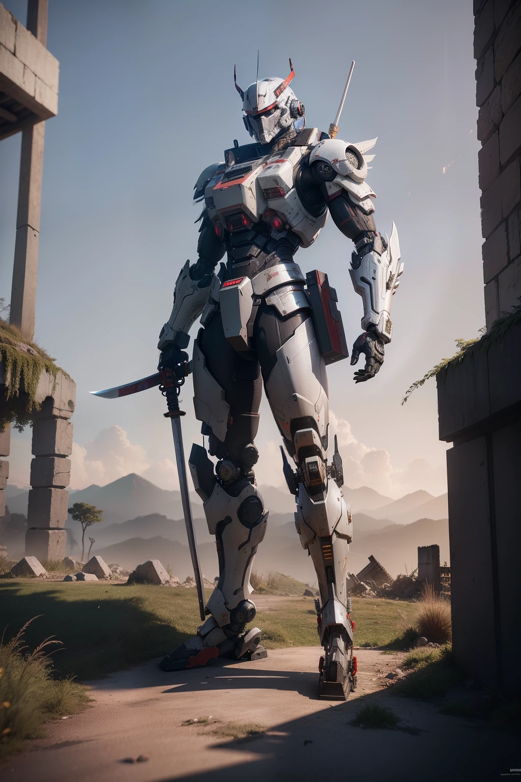 A mecha samurai holds a katana,Standing above the ruins,cyber punk perssonage,Machinary,3Drenderingof,High-octane rendering,arte 3D,NFT art,Realiy,filigree,Cool,rendered in unrealengine,3D rendered character art,8k