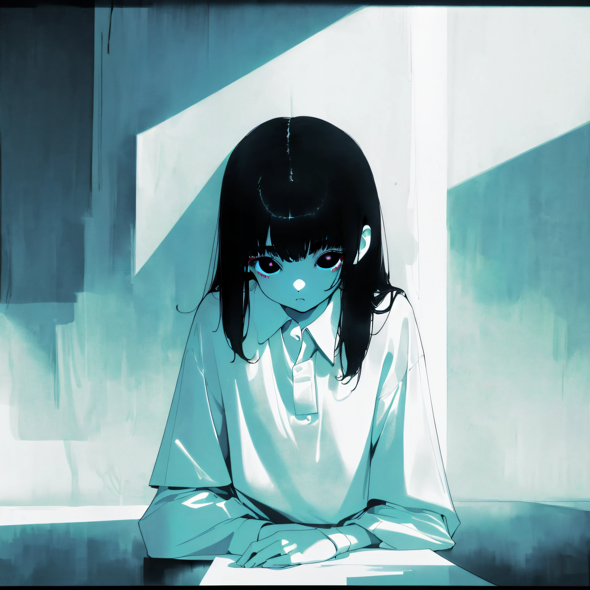 masterpiece, top quality, highest resolution, 1girl in 8years old, close up, (white oversized shirt:1.3), (pale black hair with a lot of fluorescent colors), (delicate fluorescent black eyes:1.4), (a corner of a dark room), (fullnude:1.0), (highcontrast:1.1), best light and shadow,