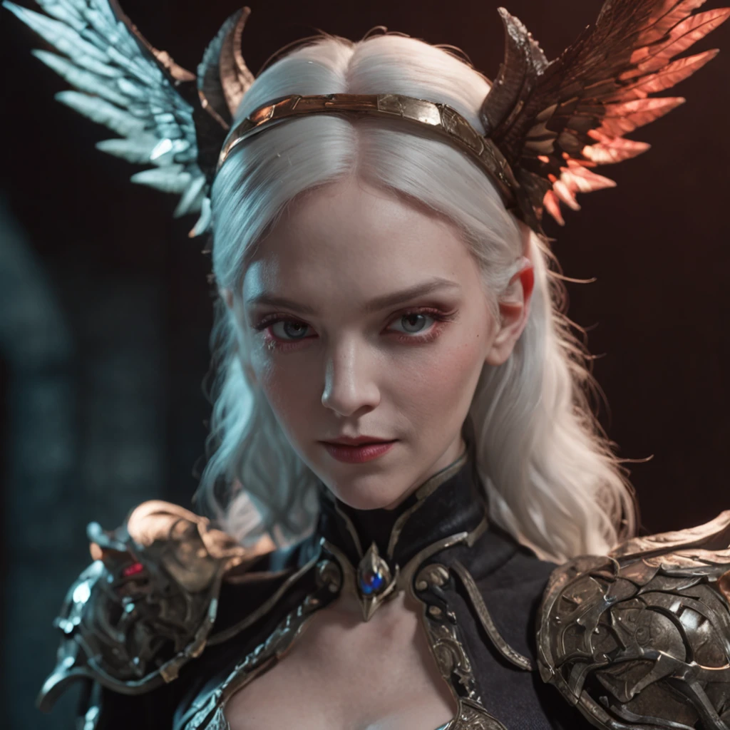 Close-up of a portrait of a woman，cyber punk perssonage，Wings of Magic，The devil incarnate，Dramatic lighting，((((Half-life image on the front)))),Red and blue lights，darkly，divino，perfect compositions，cinmatic lighting，Ultra-delicate skin，Magical world，in the dark castle，A combination of magic and alien technology，Wings，sportrait，whaite hair，Feathered wings，Magic and newcomers combined，Woman bust，mistic，Beutiful women，Dark environment，Divine light，cinematic compositions，perfect compositions，softlighting，Detail light，Playful smile,(Many award-winning masterpieces，The details are incredible, textures and maximum detail), (Hyper-realistic: 1.4), (Realistic: 1.3), ((((Front bust)))))（cyber punk perssonage），Wings，Castle building，Mechanical dare，A combination of futuristic technology and magic，(Highest quality authentic textured skin), Fantasy theme, Black clothes, Black cloak, Network elements, Red light, Blue light, finerly detailed face, ((medieval world)),A close-up of a woman，(Lord's Flame Demon)), (((Lord's Hellfire Demon))) (With a mischievous smile on his face), (Glowing eyes in the dark: 1.5), (A pair of black eyes，A strong red light is emitted from the inside) :1.5), (full-body standing image: 1.5), (Dramaticlight), Wings, (A majestic sight), (Her face is gentle and beautiful, but somehow terrifying), Ears Wear glass earrings, (Dramatic photo: 1.4), (Full body portrait: 1.5), ((dramatic pose)), (blond hairbl), (Silver hair), (Maroon hair), Short hair, ((Looking up)) , ((Look down)), (A simple necklace of exquisite workmanship hangs around the neck), (Bioluminescence that emits a bright glow: 1.3), (Use gorgeous fire magic: 1.2), (swirling fire), Devil's Cathedral, The Devil's Grand Shrine, great temple, great cathedral, Temple ruins, Freestanding temple, (Luminous magic circle), Ancient Castle Site, Shine majestic clouds and sky, Lightning, Epic reality, fading, art, (greg rutkovsky: 0.8), (Teal and orange: 0.4), (art stations: 1.5), Cinematic, ((com cores neutr