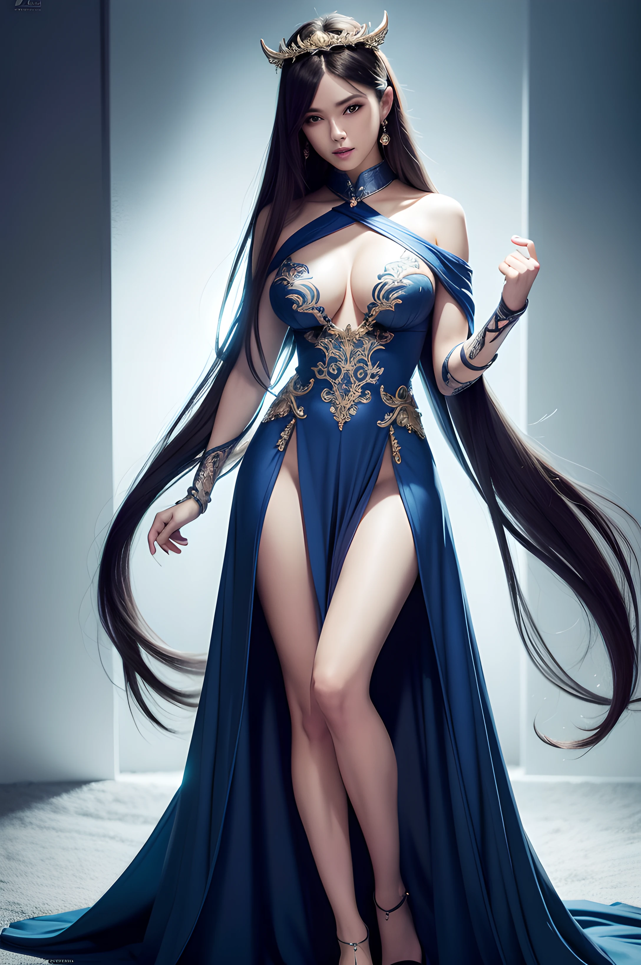 full body shot shot,full bodyesbian,A gorgeous goddess with few clothes,insanely details,Exquisite facial features,Super beautiful breasts:8.0,Slender legs,(Large buttocks and round breasts)S-shaped body,Big bright eyes,long hair flowing,Highly detailed and ultra-realistic drawing,intricately details, The is very detailed, concept-art,Works of masters,8K分辨率,high detal,Contour light,Cinematic lighting,metallic luster,Ambient lighting,dream magical,detailed and complex environment