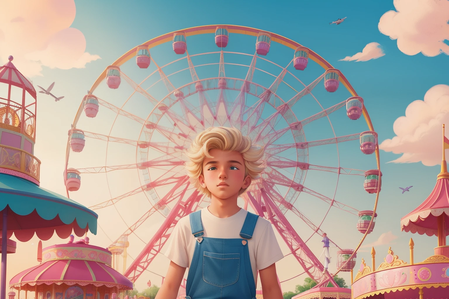In the heart of a pastel-colored amusement park, a boy with a tousled mane of blonde hair and overalls watches in awe as a Ferris wheel rises into the cerulean sky, adorned with intricate, hand-painted carriages.