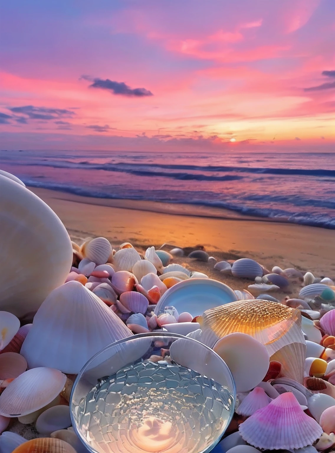 There is a glass bowl on the beach,Inside there are shells and shells, serene colors, sunrise colors, breathtaking colors, Magical beach, pastel sunset, Beautiful wallpaper, Beautiful nature, beautiful iphone wallpaper, Colorful sunset, beautiful sunset glow, Colorful scene, Seafront, amazing wallpapers, Morning sunrise, Sunset colors, Beautiful background, Magnificent background, sunset sunrise, beautiful sunrise