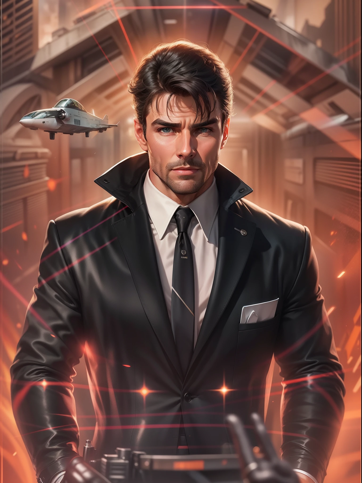 Special Agent Handsome, steals a top-secret scheme, (Dressed in a black special spy suit), Around lasers, tmasterpiece, Ultra-detailed geperrealism, young Tom Cruise, young Sean Connery