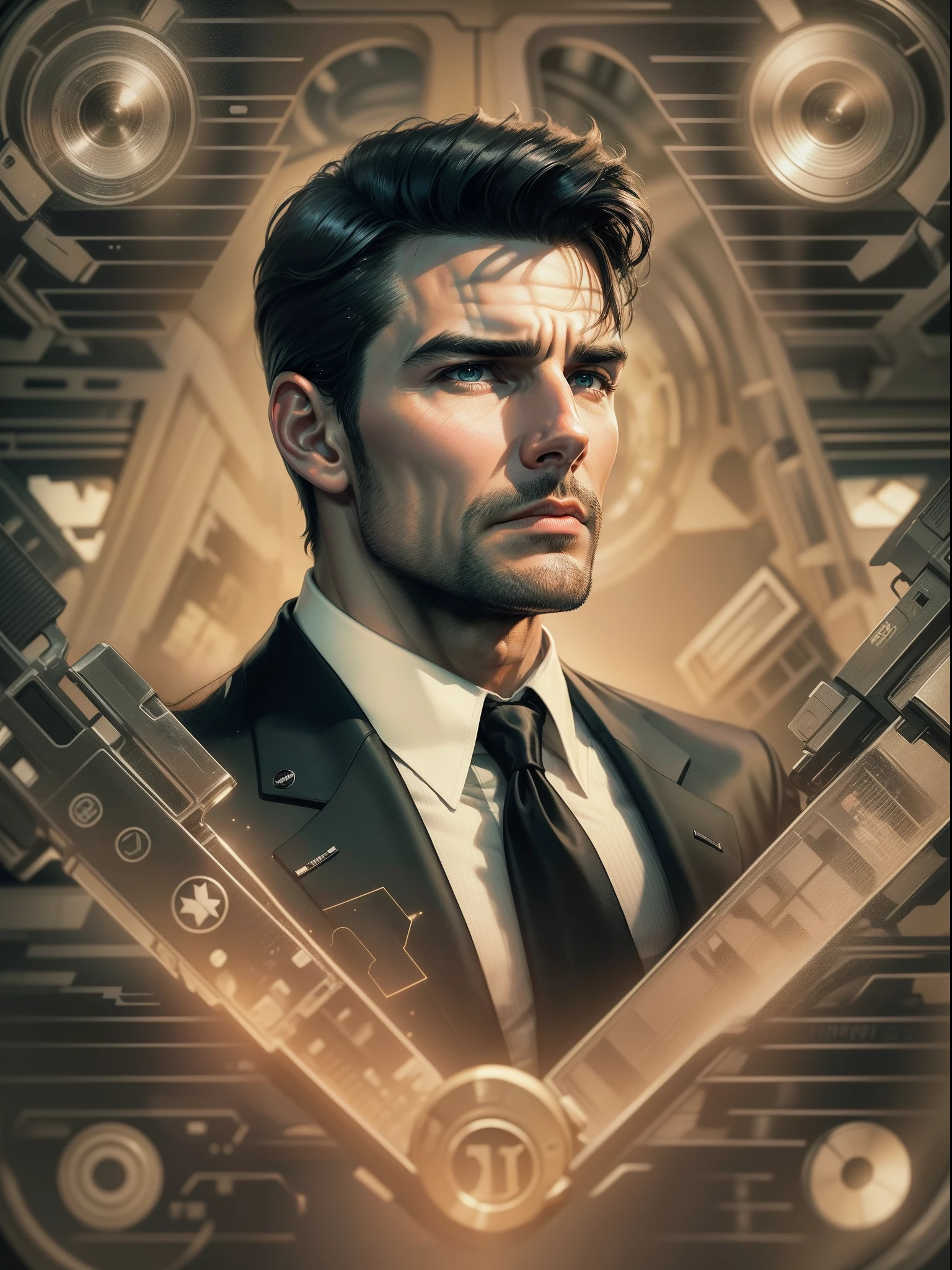 Special Agent Handsome, steals a top-secret scheme, (Dressed in a black special spy suit), Around lasers, tmasterpiece, Ultra-detailed geperrealism, young Tom Cruise, young Sean Connery