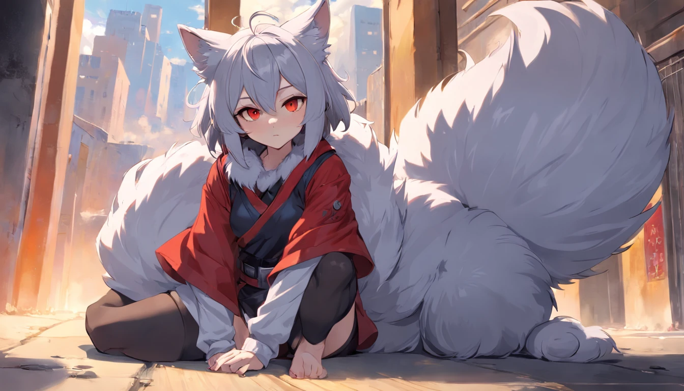 (Bright environment: 0.8), Masterpiece, High quality, abstracted )Nothing,Digital painting\(artwork of a\), by Dagasi, Yupa, Kiyosan, (anthro, Fluffy fur, Character focus: 1.1), Short hair, Portrait , Bright eyes, in a panoramic view, Character focus. (Detailed background: 0.7), Solo, Furry, Furry Shota, Women's focus, sec, (Full body fur, Fluffy tail, Dark gray fur, Red eyes, Gray hair: 1.2), (Long Canine, coyote), (erected  , Big , Huge amounts of pubic ) (Multiple bystanders) (Furry Shota furry sex by other female furry)