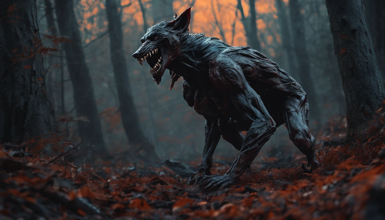 Beautiful vampires ahead, (Huge werewolves standing in the distance),Forest at night,Bared fangs, full bodyesbian, Dramatic lighting, abstract expressionism, Metaphysical, expressionistic, Golden ratio,detail, Aesthetic, Octane rendering, Excellent composition, Natural texture, 8k oil, pain, Masterpiece, canon eos r4s 50