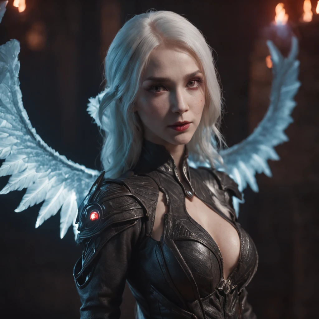 Close-up of a portrait of a woman,cyber punk perssonage,Wings of Magic,The devil incarnate,Dramatic lighting,((((Half-life image on the front)))),Red and blue lights,darkly,divino,perfect compositions,cinmatic lighting,Ultra-delicate skin,Magical world,in the dark castle,A combination of magic and alien technology,Wings,sportrait,whaite hair,Feathered wings,Magic and newcomers combined,Woman bust,mistic,Beutiful women,Dark environment,Divine light,cinematic compositions,perfect compositions,softlighting,Detail light,Playful smile,(Many award-winning masterpieces,The details are incredible, textures and maximum detail), (Hyper-realistic: 1.4), (Realistic: 1.3), ((((Front bust)))))(cyber punk perssonage),Wings,Castle building,Mechanical dare,A combination of futuristic technology and magic,(Highest quality authentic textured skin), Fantasy theme, Black clothes, Black cloak, Network elements, Red light, Blue light, finerly detailed face, ((medieval world)),A close-up of a woman,(Lord's Flame Demon)), (((Lord's Hellfire Demon))) (With a mischievous smile on his face), (Glowing eyes in the dark: 1.5), (A pair of black eyes,A strong red light is emitted from the inside) :1.5), (full-body standing image: 1.5), (Dramaticlight), Wings, (A majestic sight), (Her face is gentle and beautiful, but somehow terrifying), Ears Wear glass earrings, (Dramatic photo: 1.4), (Full body portrait: 1.5), ((dramatic pose)), (blond hairbl), (Silver hair), (Maroon hair), Short hair, ((Looking up)) , ((Look down)), (A simple necklace of exquisite workmanship hangs around the neck), (Bioluminescence that emits a bright glow: 1.3), (Use gorgeous fire magic: 1.2), (swirling fire), Devil's Cathedral, The Devil's Grand Shrine, great temple, great cathedral, Temple ruins, Freestanding temple, (Luminous magic circle), Ancient Castle Site, Shine majestic clouds and sky, Lightning, Epic reality, fading, art, (greg rutkovsky: 0.8), (Teal and orange: 0.4), (art stations: 1.5), Cinematic, ((com cores neutr