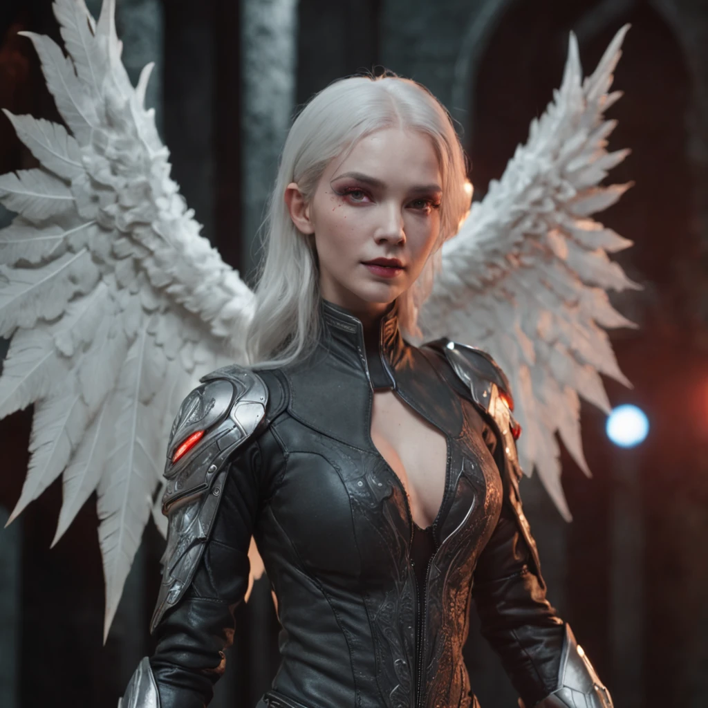 Close-up of a portrait of a woman,cyber punk perssonage,Wings of Magic,The devil incarnate,Dramatic lighting,((((Half-life image on the front)))),Red and blue lights,darkly,divino,perfect compositions,cinmatic lighting,Ultra-delicate skin,Magical world,in the dark castle,A combination of magic and alien technology,Wings,sportrait,whaite hair,Feathered wings,Magic and newcomers combined,Woman bust,mistic,Beutiful women,Dark environment,Divine light,cinematic compositions,perfect compositions,softlighting,Detail light,Playful smile,(Many award-winning masterpieces,The details are incredible, textures and maximum detail), (Hyper-realistic: 1.4), (Realistic: 1.3), ((((Front bust)))))(cyber punk perssonage),Wings,Castle building,Mechanical dare,A combination of futuristic technology and magic,(Highest quality authentic textured skin), Fantasy theme, Black clothes, Black cloak, Network elements, Red light, Blue light, finerly detailed face, ((medieval world)),A close-up of a woman,(Lord's Flame Demon)), (((Lord's Hellfire Demon))) (With a mischievous smile on his face), (Glowing eyes in the dark: 1.5), (A pair of black eyes,A strong red light is emitted from the inside) :1.5), (full-body standing image: 1.5), (Dramaticlight), Wings, (A majestic sight), (Her face is gentle and beautiful, but somehow terrifying), Ears Wear glass earrings, (Dramatic photo: 1.4), (Full body portrait: 1.5), ((dramatic pose)), (blond hairbl), (Silver hair), (Maroon hair), Short hair, ((Looking up)) , ((Look down)), (A simple necklace of exquisite workmanship hangs around the neck), (Bioluminescence that emits a bright glow: 1.3), (Use gorgeous fire magic: 1.2), (swirling fire), Devil's Cathedral, The Devil's Grand Shrine, great temple, great cathedral, Temple ruins, Freestanding temple, (Luminous magic circle), Ancient Castle Site, Shine majestic clouds and sky, Lightning, Epic reality, fading, art, (greg rutkovsky: 0.8), (Teal and orange: 0.4), (art stations: 1.5), Cinematic, ((com cores neutr