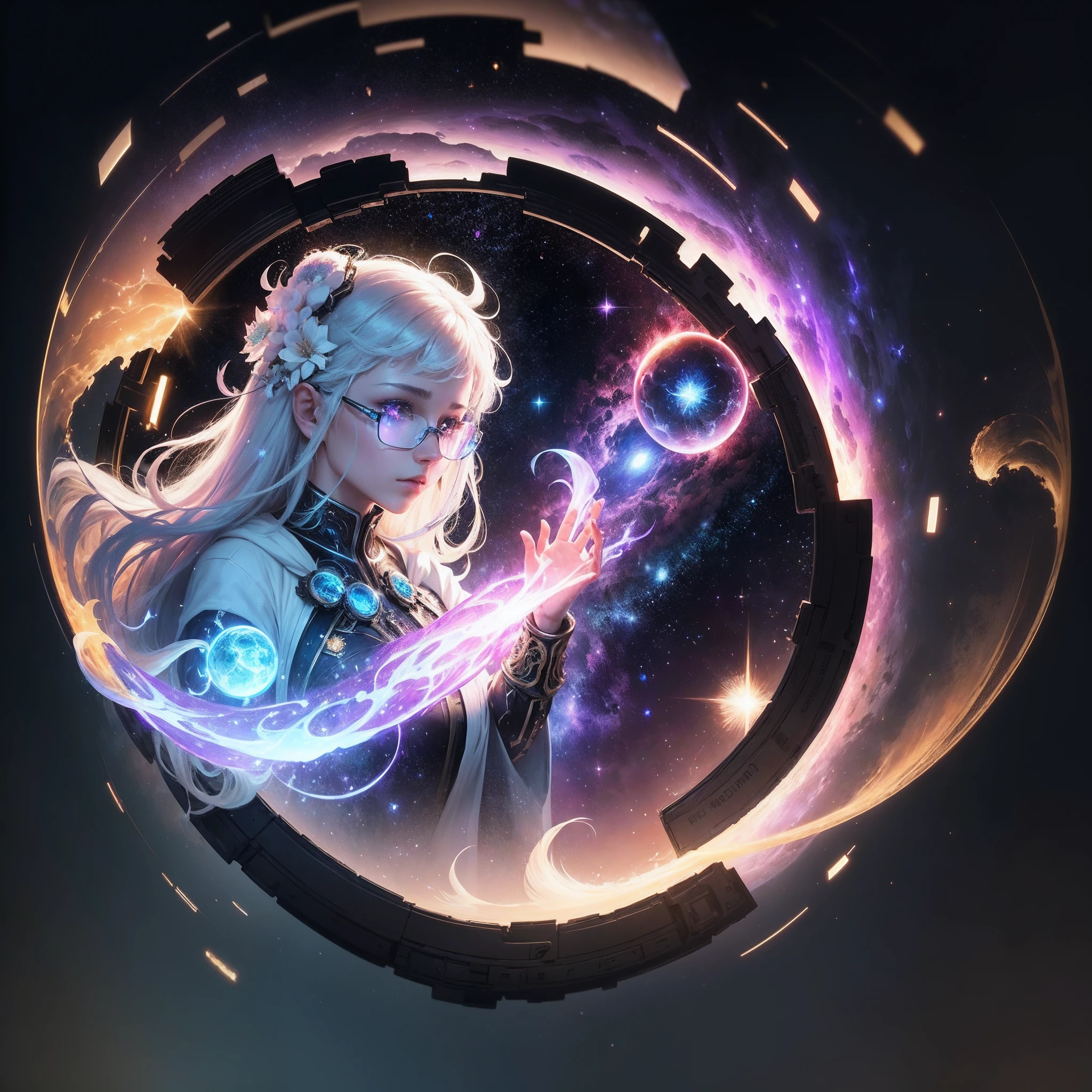 (8K), Super 8K resolution, Amazing illustration of splendid celestial objects, The galaxy is shattered, Ethereal heroes, Prince of Warriors, (Cyberpunk transparent mask: 1.3), Cosmic glasses (The time machine is in your hands: 1.7), A flowing glowing white robe , A celestial explorer who appears from a portal, (ultra-detailed masterpiece: 1.7) Cinematic lighting