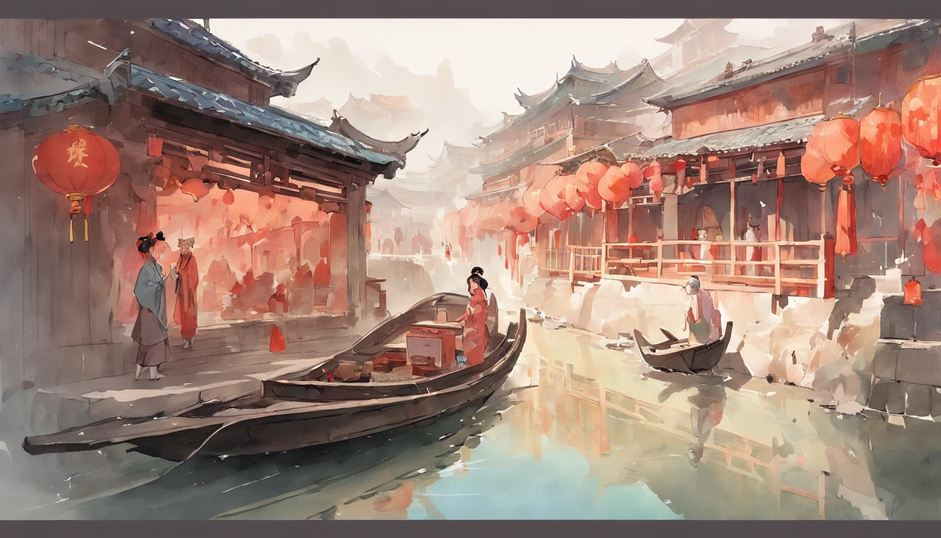 Art graphics, Big fish begonia illustration style，River paintings of boats and buildings in the background, chinese artist, Chinese watercolor painting, Chinese Ancient Architecture, landscape artwork, Chinese watercolor style, dreamy Chinese towns, Chinese Village, Chinese watercolor painting, author：Shen Shizhen's highly detailed cleaning, Vector Image,