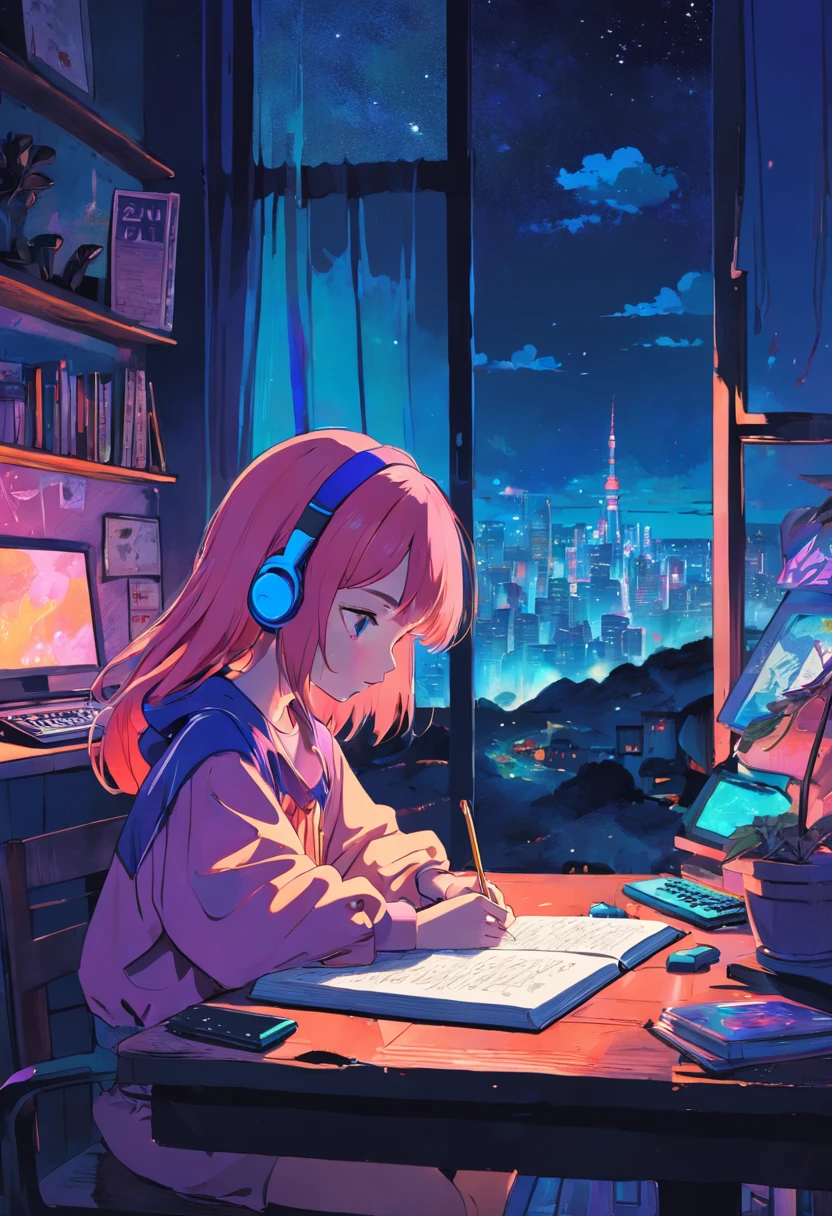 (lofi), Girl studying on the table, Reading a book, Put on the headphones, , Night light, Neon landscape on a rainy day,Analog Color Theme, Lo-Fi Hip Hop , Retrospective, Flat, 2.5D ,line-drawing, Ink drawing, Large incline, watercolor paiting, Goosch color, Studio Ghibli style, Awesome colorful, Outturn, Synth Wave, lofi art,90s style,Old textures, amplitude,90s atmosphere, masutepiece, Huge skill