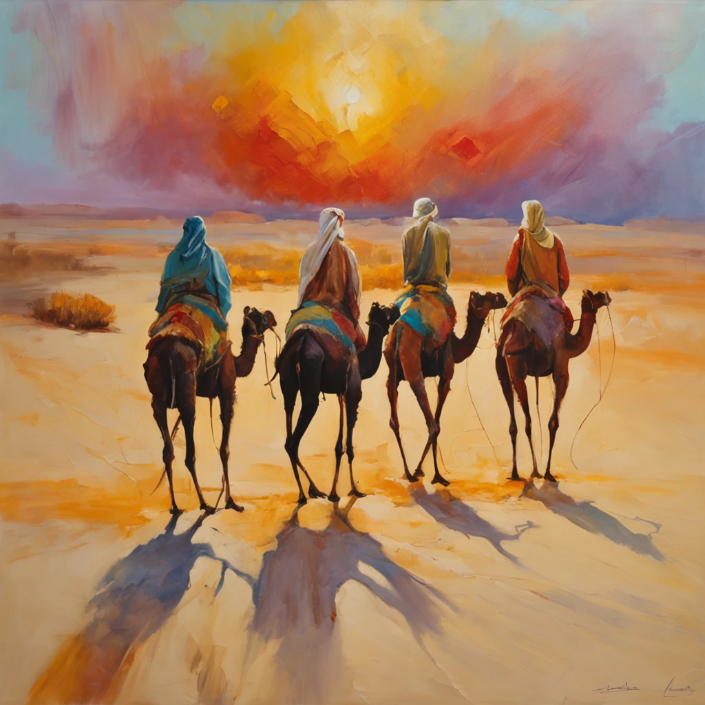 arabes andando de camelos no deserto, homens arabes, arabes, Bedouin,