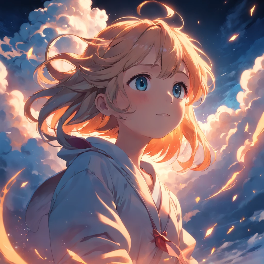 masterpiece, best quality, movie still, 1girl, cloud girl, floating in the sky, close-up, bright, happy, warm soft lighting, sunset, (sparks:0.7)
