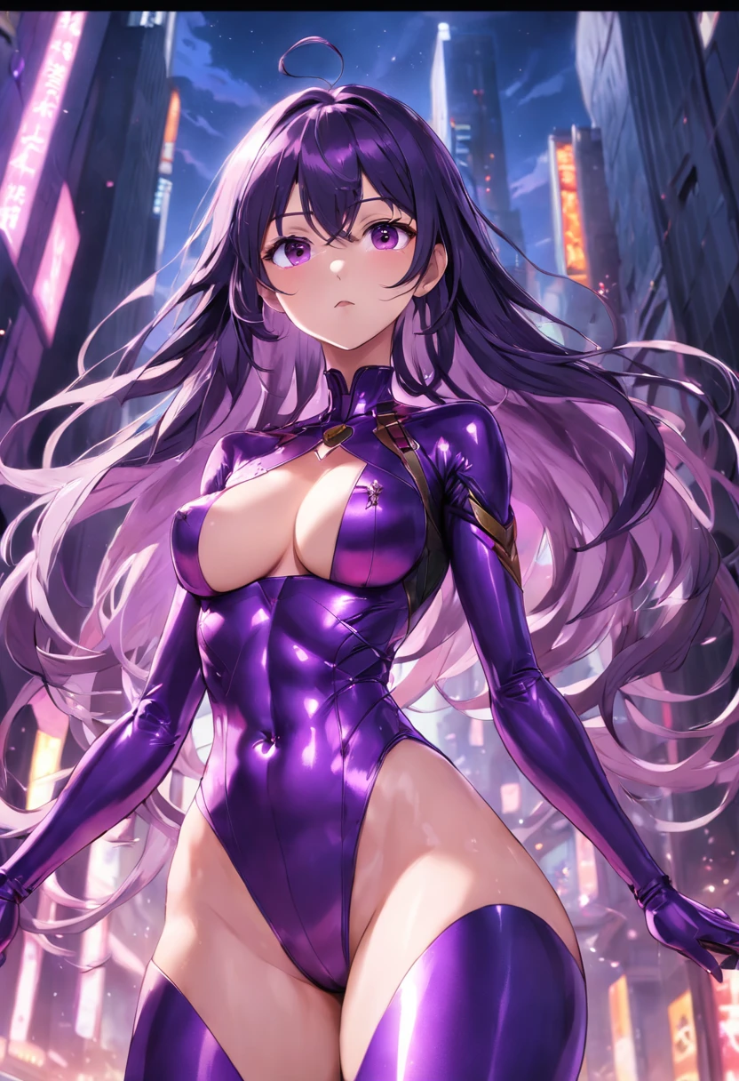 Simple background tall and large breasts Purple metallic suit highleg Woman with long black hair