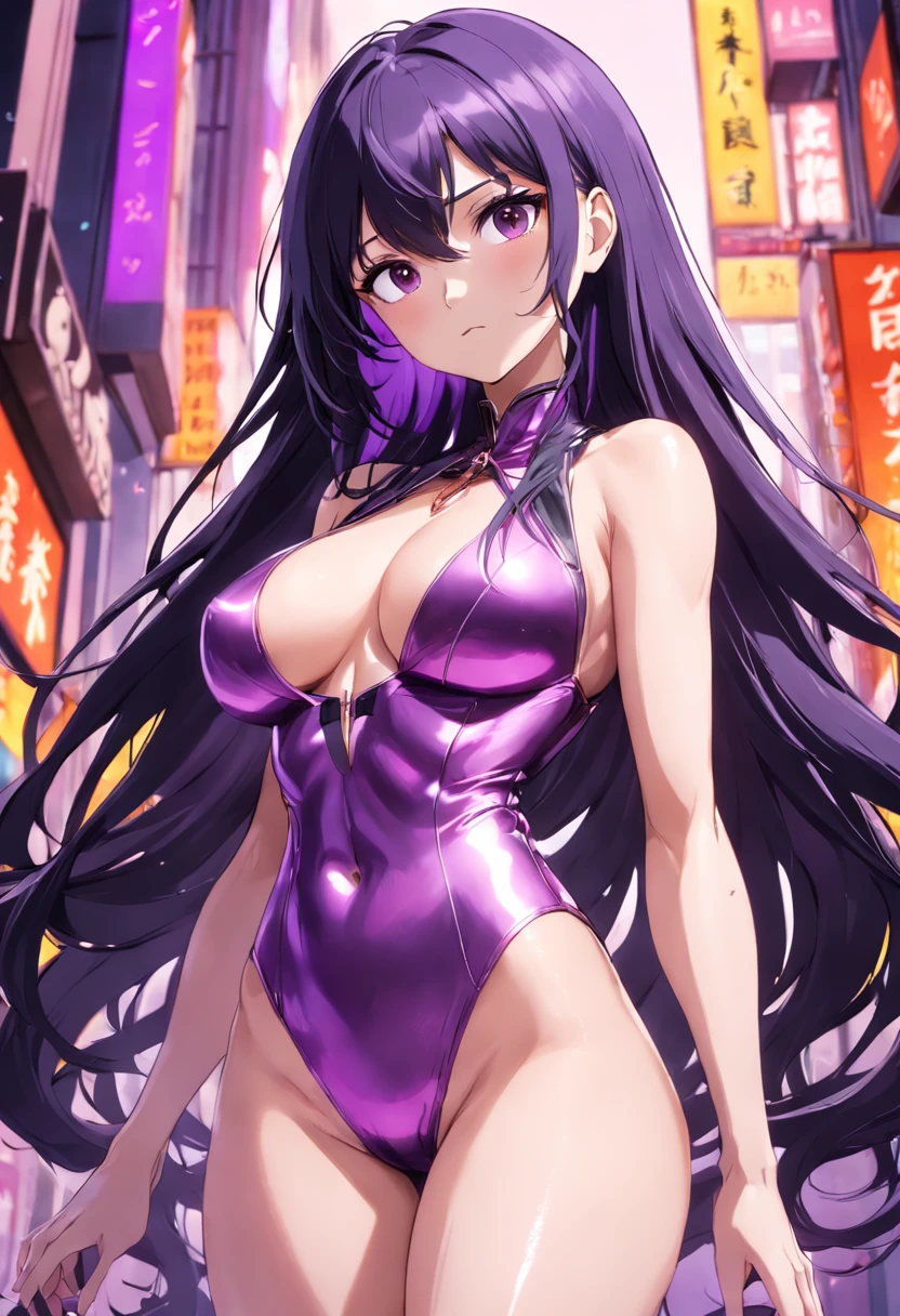 Simple background tall and large breasts Purple metallic suit highleg Woman with long black hair