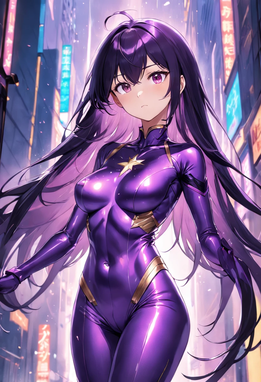 Simple background　tall and large breasts　Purple metallic suit　highleg　Woman with long black hair