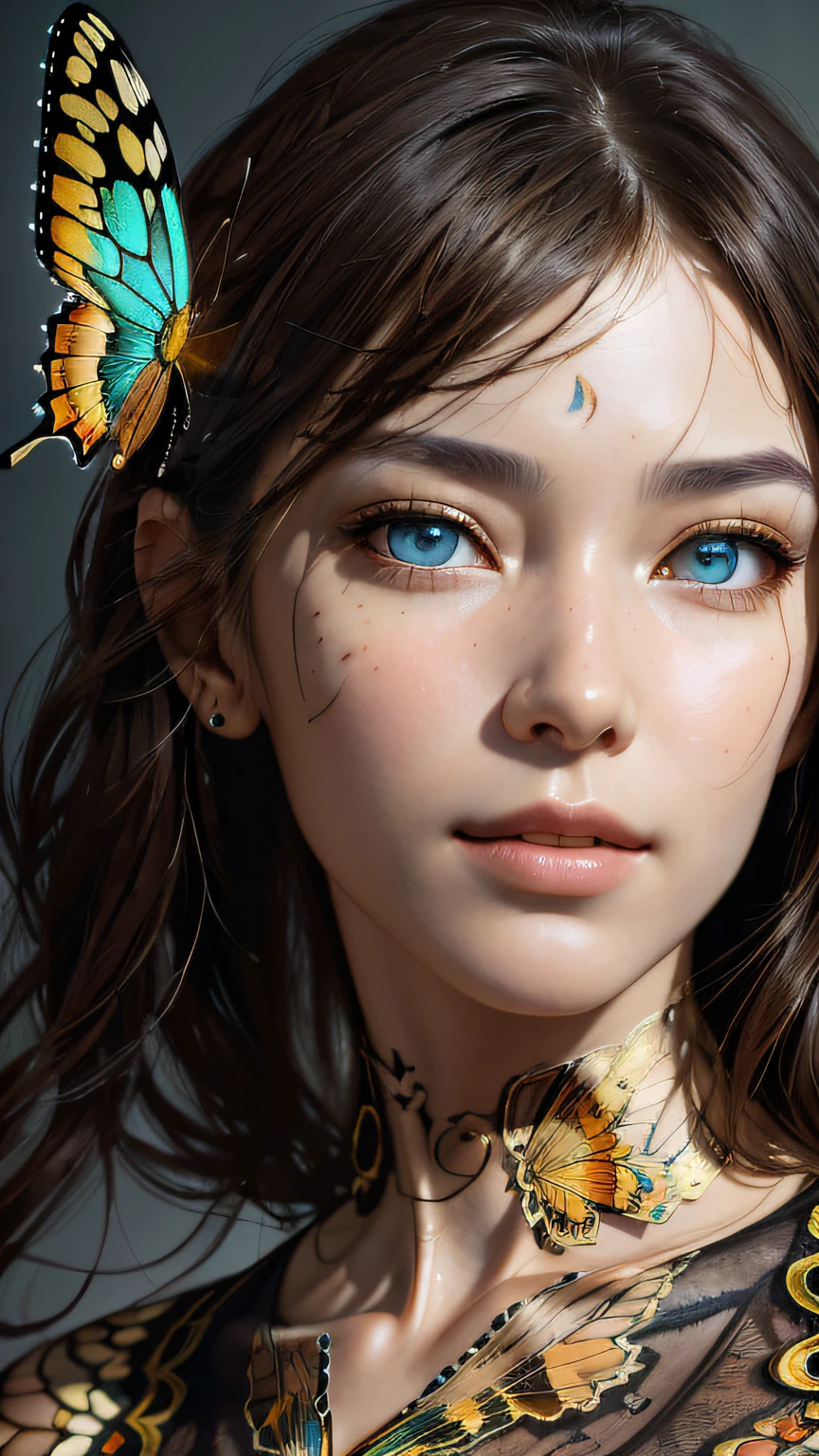 8k portrait of beautiful cyborg with brown hair, intricate, elegant, highly detailed, majestic, digital photography, art by artgerm and ruan jia and greg rutkowski surreal painting gold butterfly filigree, broken glass, (masterpiece, sidelighting, finely detailed beautiful eyes: 1.2), hdr,