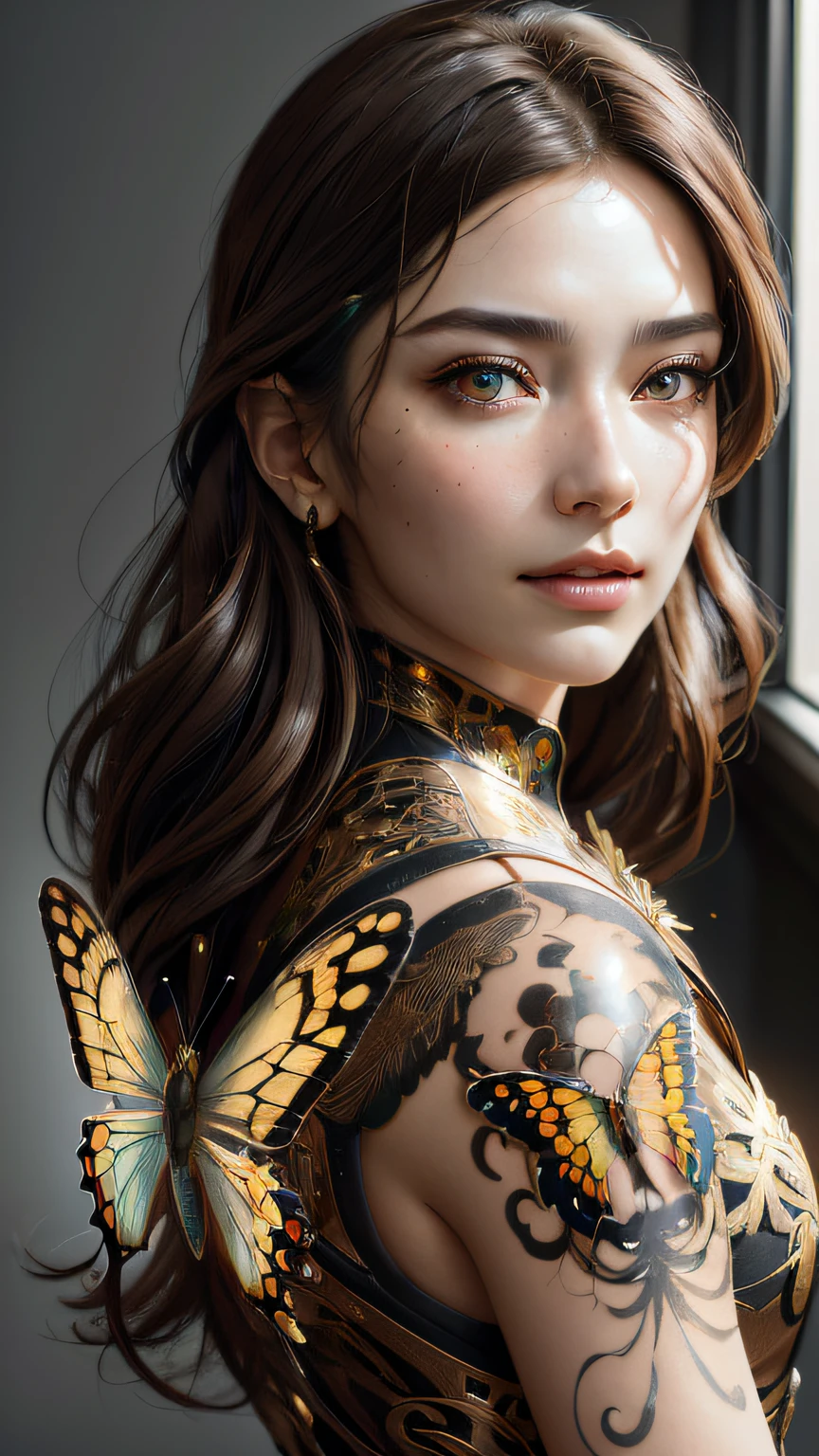 8k portrait of beautiful cyborg with brown hair, intricate, elegant, highly detailed, majestic, digital photography, art by artgerm and ruan jia and greg rutkowski surreal painting gold butterfly filigree, broken glass, (masterpiece, sidelighting, finely detailed beautiful eyes: 1.2), hdr,