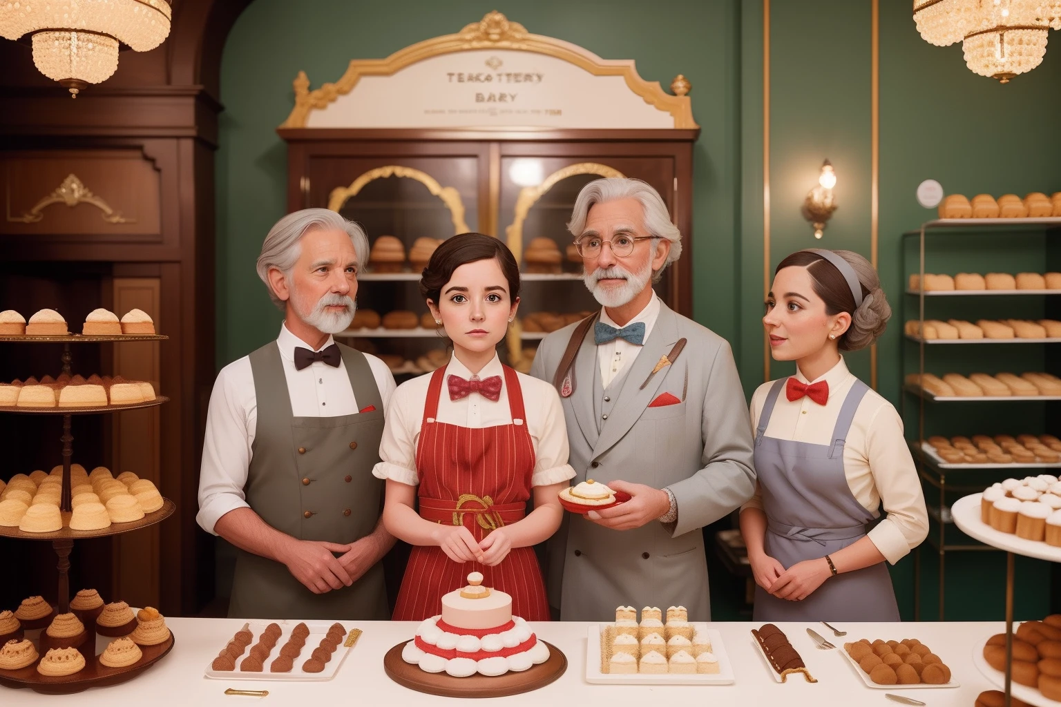 Within an ornate, Wes Anderson-style bakery, a master pastry chef with a bow tie and a twirl of grey hair crafts fantastical confections, surrounded by a diverse clientele of characters with varying hairstyles and expressions of delight.