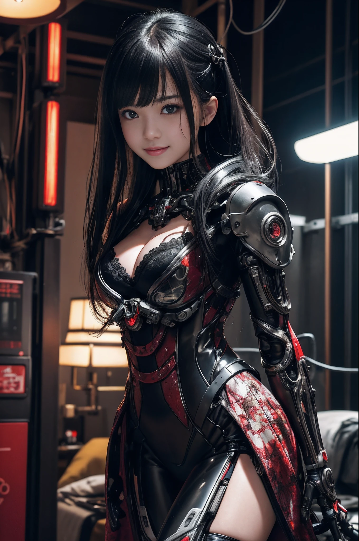 Top Quality, Masterpiece, Ultra High Resolution, (Photorealistic: 1.4), Raw Photo, 1 Girl, Black Hair, Glossy Skin, 1 Mechanical Girl, (Ultra Realistic Details)), Portrait, Global Illumination, Shadows, Octane Rendering, 8K, Ultra Sharp, Big, Cleavage Exposed Raw Skin, Metal, Intricate Ornament Details, Egyptian Details, Very intricate details, realistic light, CGSoation trend, purple eyes, glowing eyes, facing the camera, neon details, mechanical limbs, blood vessels connected to the tube, mechanical vertebrae attached to the back, mechanical cervical attachment to the neck, sitting, wires and cables connecting to the head, evangelion, small LED lamp,