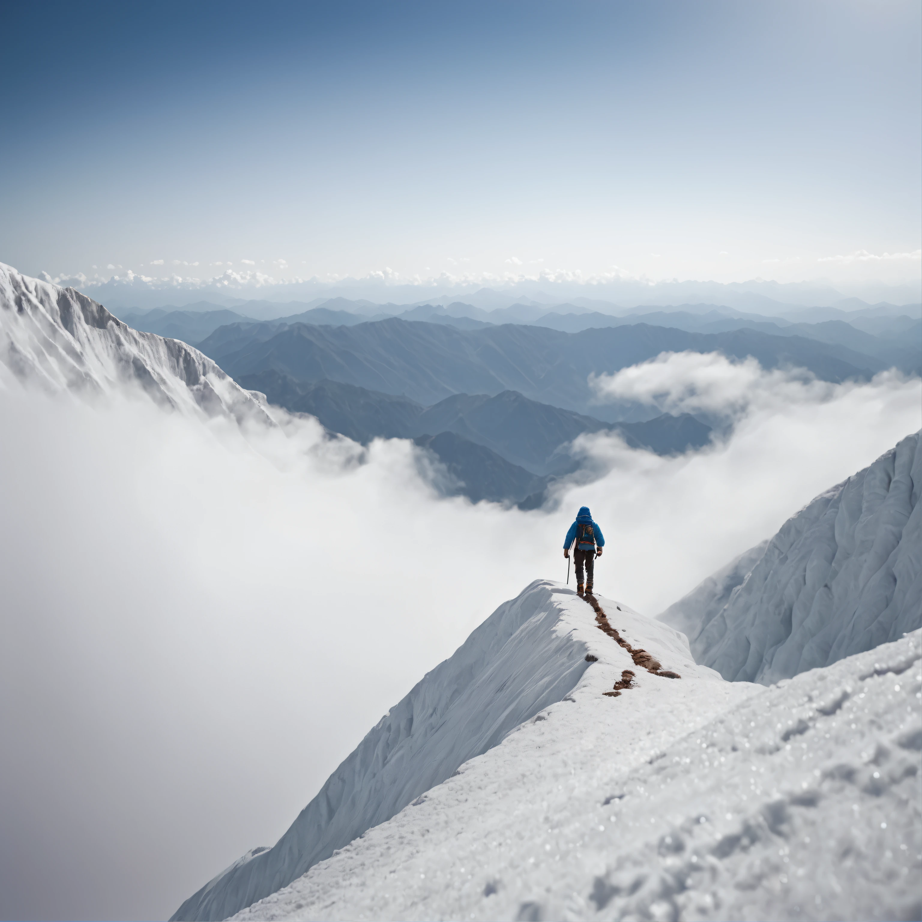 Climb the back of a snowy mountain alone，Very shocking picture，Blue sky