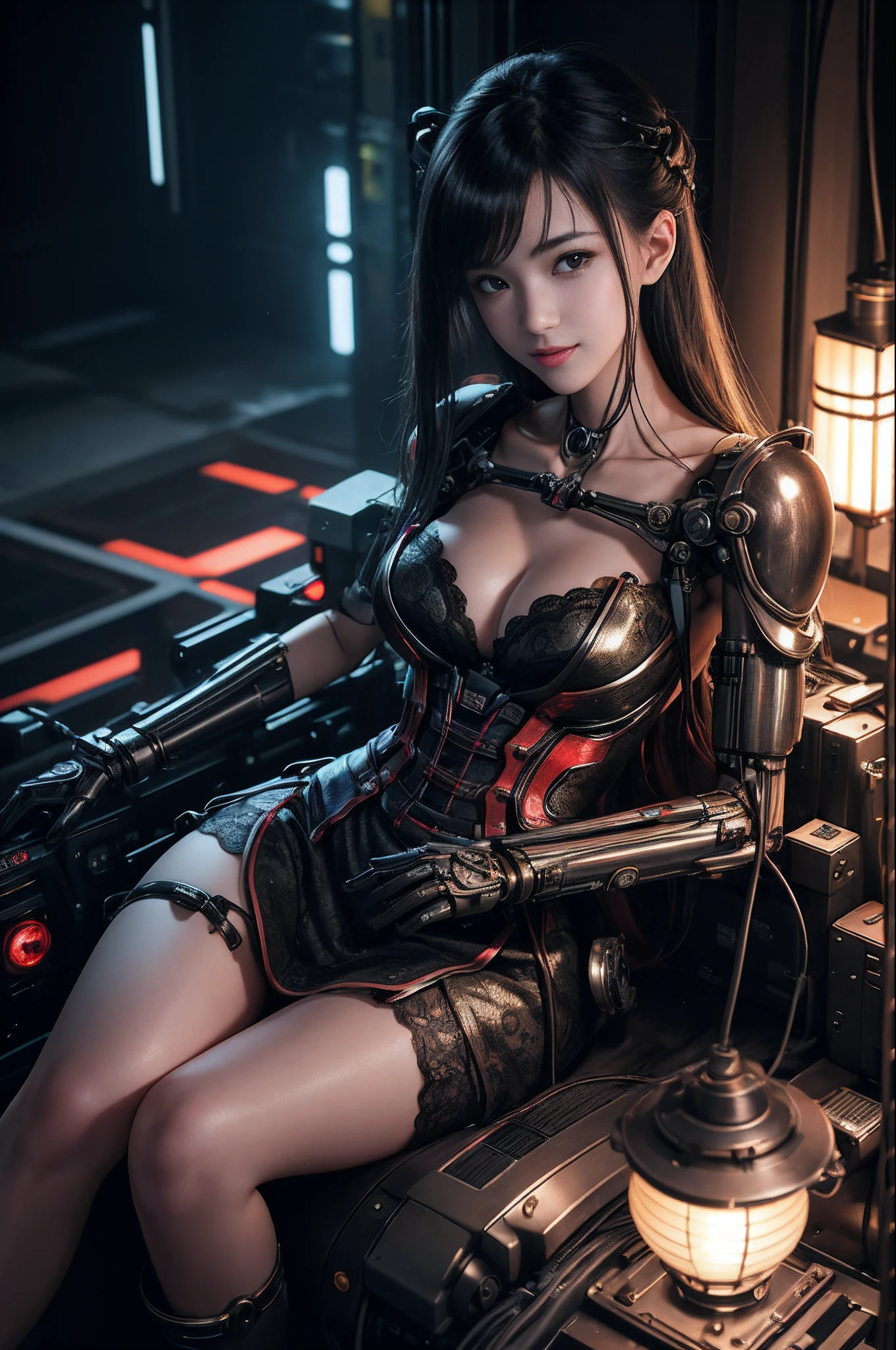 of the highest quality, masutepiece, Ultra High Resolution, (Photorealistic: 1.4), Raw photo, 1 Cyberpunk Girl, Black hair, Glossy skin, 1 Mechanical Girl, (super realistic details)), Full body, Global Illumination, Contrasty, shadowy, Octane Rendering, 8K, ultrasharp, Cleavage exposed, Raw skin, Metal, Intricate decoration details, Japan details, high intricate detailed, Realistic light, Trends in CG, Facing the camera, neon details, Mechanical limbs, blood vessels connected to tubes, Mechanical vertebrae attached to the back, Mechanical cervical attachment to the neck, Wires and cables connecting to the head, Gundam, Small LED lamps.18 years old girl、silber hair、Perfectly round pupils、Tremendous irisディテール, sexy smile, sexy pose, summer dress, lingerie