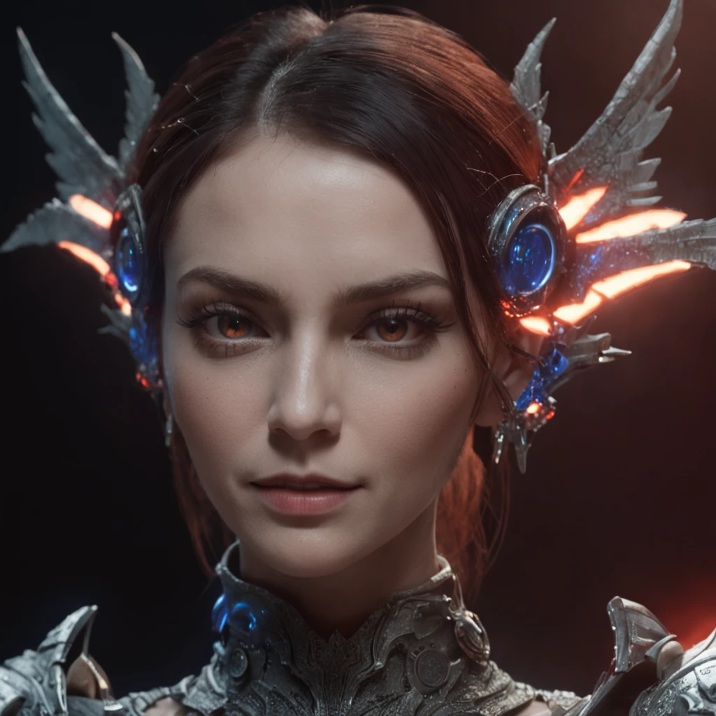 Close-up of a portrait of a woman，cyber punk perssonage，Wings of Magic，Dramatic lighting，((((Half-life image on the front)))),Red and blue lights，darkly，divino，perfect compositions，cinmatic lighting，Ultra-delicate skin，Magical world，in the dark castle，A combination of magic and alien technology，Wings，sportrait，whaite hair，Feathered wings，Magic and newcomers combined，Woman bust，mistic，Beutiful women，Dark environment，Divine light，cinematic compositions，perfect compositions，softlighting，Detail light，Playful smile,(Many award-winning masterpieces，The details are incredible, textures and maximum detail), (Hyper-realistic: 1.4), (Realistic: 1.3), ((((Front bust)))))（cyber punk perssonage），Wings，Castle building，Mechanical dare，A combination of futuristic technology and magic，(Highest quality authentic textured skin), Fantasy theme, Black clothes, Black cloak, Network elements, Red light, Blue light, finerly detailed face, ((medieval world)),A close-up of a woman，(Lord's Flame Demon)), (((Lord's Hellfire Demon))) (With a mischievous smile on his face), (Glowing eyes in the dark: 1.5), (A pair of black eyes，A strong red light is emitted from the inside) :1.5), (full-body standing image: 1.5), (Dramaticlight), Wings, (A majestic sight), (Her face is gentle and beautiful, but somehow terrifying), Ears Wear glass earrings, (Dramatic photo: 1.4), (Full body portrait: 1.5), ((dramatic pose)), (blond hairbl), (Silver hair), (Maroon hair), Short hair, ((Looking up)) , ((Look down)), (A simple necklace of exquisite workmanship hangs around the neck), (Bioluminescence that emits a bright glow: 1.3), (Use gorgeous fire magic: 1.2), (swirling fire), Devil's Cathedral, The Devil's Grand Shrine, great temple, great cathedral, Temple ruins, Freestanding temple, (Luminous magic circle), Ancient Castle Site, Shine majestic clouds and sky, Lightning, Epic reality, fading, art, (greg rutkovsky: 0.8), (Teal and orange: 0.4), (art  stations: 1.5), Cinematic, ((With neutral color