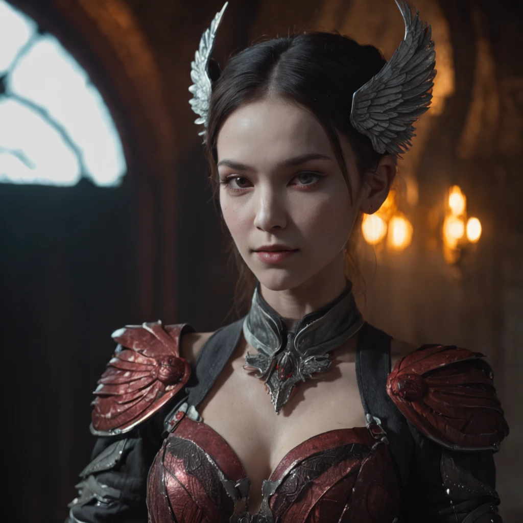 Close-up of a portrait of a woman，cyber punk perssonage，Wings of Magic，Dramatic lighting，((((Half-life image on the front)))),Red and blue lights，darkly，divino，perfect compositions，cinmatic lighting，Ultra-delicate skin，Magical world，in the dark castle，A combination of magic and alien technology，Wings，sportrait，whaite hair，Feathered wings，Magic and newcomers combined，Woman bust，mistic，Beutiful women，Dark environment，Divine light，cinematic compositions，perfect compositions，softlighting，Detail light，Playful smile,(Many award-winning masterpieces，The details are incredible, textures and maximum detail), (Hyper-realistic: 1.4), (Realistic: 1.3), ((((Front bust)))))（cyber punk perssonage），Wings，Castle building，Mechanical dare，A combination of futuristic technology and magic，(Highest quality authentic textured skin), Fantasy theme, Black clothes, Black cloak, Network elements, Red light, Blue light, finerly detailed face, ((medieval world)),A close-up of a woman，(Lord's Flame Demon)), (((Lord's Hellfire Demon))) (With a mischievous smile on his face), (Glowing eyes in the dark: 1.5), (A pair of black eyes，A strong red light is emitted from the inside) :1.5), (full-body standing image: 1.5), (Dramaticlight), Wings, (A majestic sight), (Her face is gentle and beautiful, but somehow terrifying), Ears Wear glass earrings, (Dramatic photo: 1.4), (Full body portrait: 1.5), ((dramatic pose)), (blond hairbl), (Silver hair), (Maroon hair), Short hair, ((Looking up)) , ((Look down)), (A simple necklace of exquisite workmanship hangs around the neck), (Bioluminescence that emits a bright glow: 1.3), (Use gorgeous fire magic: 1.2), (swirling fire), Devil's Cathedral, The Devil's Grand Shrine, great temple, great cathedral, Temple ruins, Freestanding temple, (Luminous magic circle), Ancient Castle Site, Shine majestic clouds and sky, Lightning, Epic reality, fading, art, (greg rutkovsky: 0.8), (Teal and orange: 0.4), (art  stations: 1.5), Cinematic, ((With neutral color