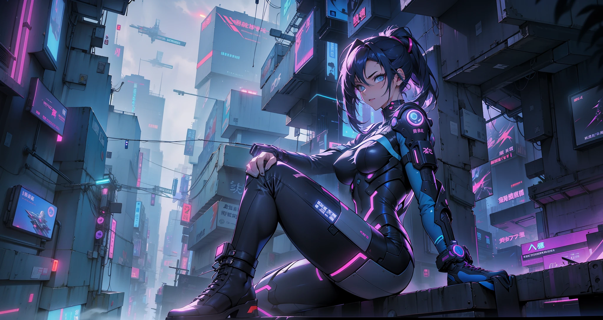 Cyber girl sitting on a ledge in the city at night。Cyberpunk anime art envelops her as digital worlds intersect。Modern cyberpunk art style illuminated by neon lights、It depicts a fusion of an anime girl and a mecha.。This art with a cyberpunk theme is、Feel like a dreamy future。With the scenery of a cyberpunk city lined with skyscrapers、Her presence is enchanting,、It seems to be wrapped in a mysterious magic。