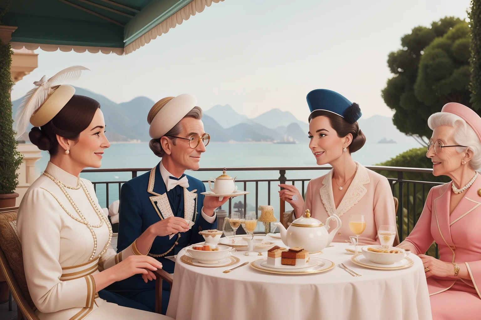 On the terrace of a grandiose Wes Anderson hotel, a butler with slicked-back hair and a monocle serves high tea to a group of elderly ladies, each adorned with pearls, feathered hats, and radiant smiles.