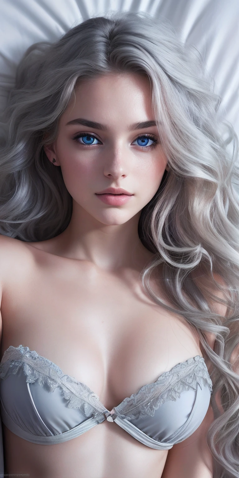 Photo of a 20-year-old European girl, raw, Beautiful woman, (Extra long wavy gray hair), ((Portrait)), ((Detailed face:1.2)), ((detailed facial features)), (finely detailed skin), pale skin, , wrapped in a sheet, Bedroom environment, Lying on the bed, (cold color), moist, moist, Reflectors, (masutepiece) (perfectly proportions)(photos realistic)(Best Quality) (Detailed) photographed in a Canon EOS R5, 50mm Lens, F/2.8, nffsw, (8K) (Wallpaper) (Cinematic lighting) (Dramatic Lighting) (foco nítido) (Convoluted) Fashion, From  above, blue eyes