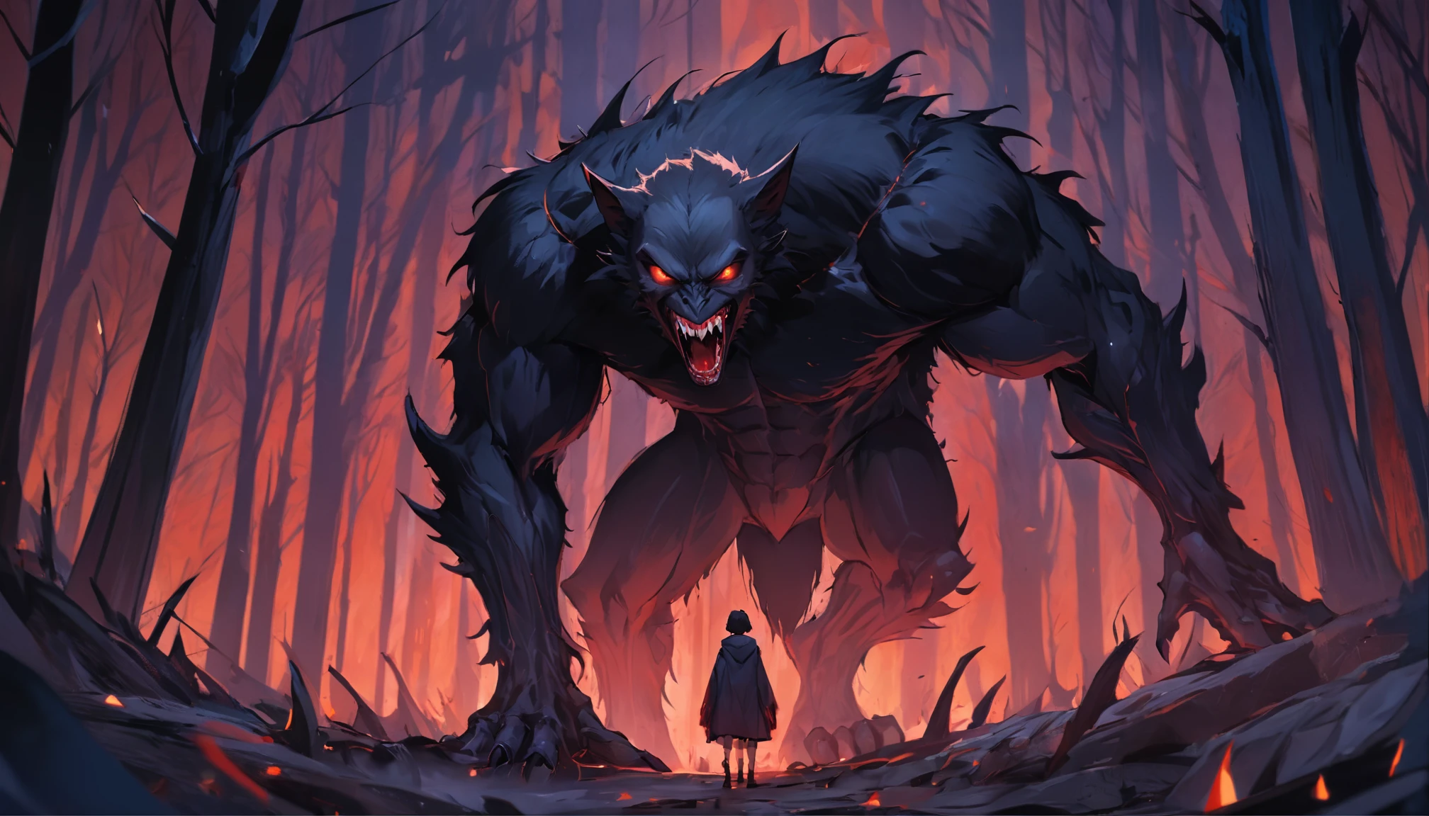 Beautiful vampires ahead, (Huge werewolves standing in the distance),Forest at night,Bared fangs, full bodyesbian, Dramatic lighting, abstract expressionism, Metaphysical, expressionistic, Golden ratio,detail, Aesthetic, Octane rendering, Excellent composition, Natural texture, 8k oil, pain, Masterpiece, canon eos r4s 50